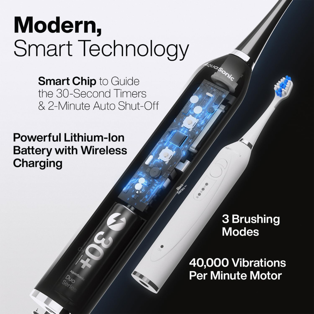 AquaSonic Duo Dual Handle Ultra Whitening 40,000 VPM Wireless Charging Electric ToothBrushes - 3 Modes with Smart Timers - 10 Dupont Brush Heads & 2 Travel Cases Included