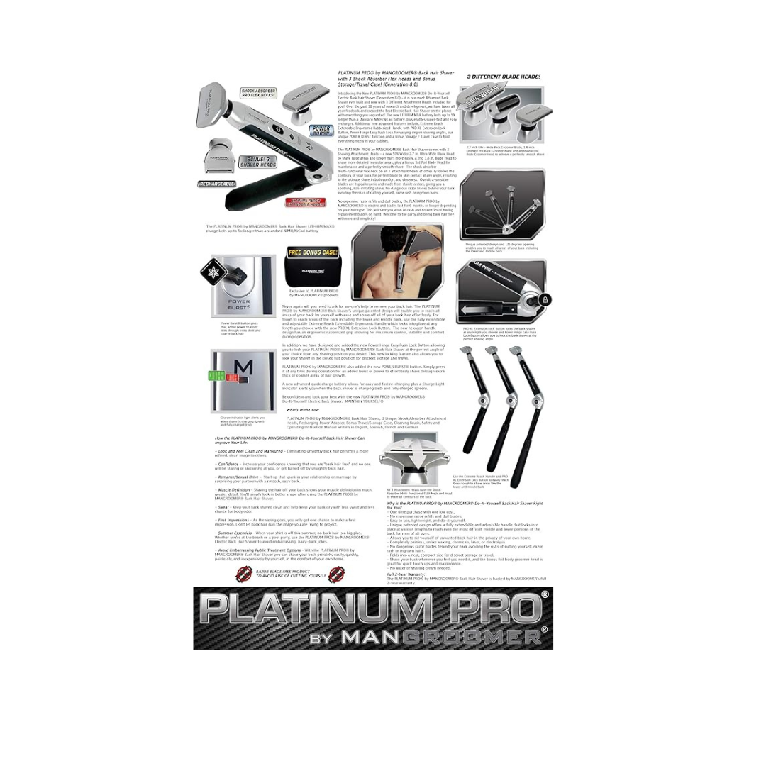 Platinum Pro by MANGROOMER New Back Shaver with 3 Shock Absorber Flex Heads, Power Hinge, Extreme Reach Handle & Bonus Case! (Generation 8.0), 4 Piece Set