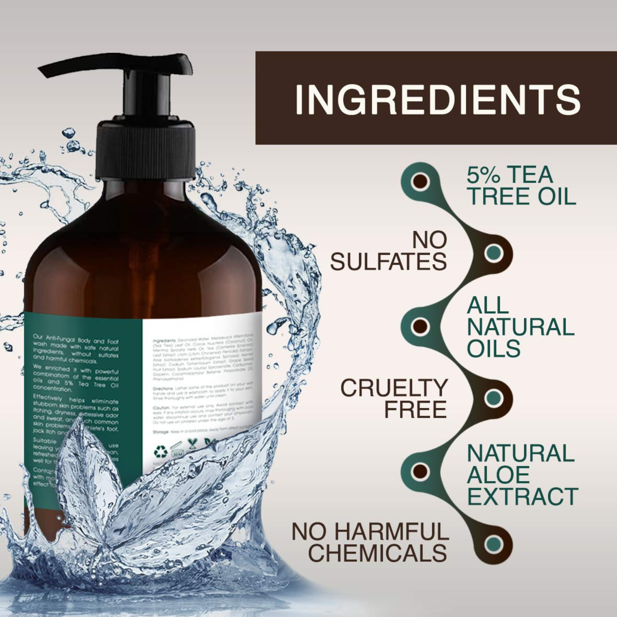 Tea Tree Oil Body Wash - Antifungal - Antibacterial Soap-Helps Athletes Foot - Toenail Fungus - Ringworm - Jock Itchy - Acne - Eczema - Yeast Infection - Body Odor - Itchy Skin - Sulfate Free - 16oz