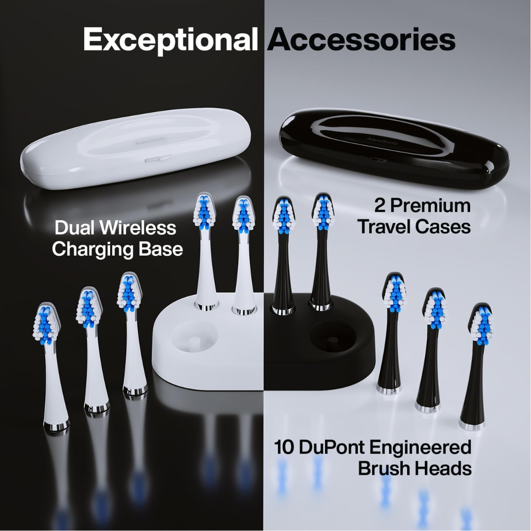 AquaSonic Duo Dual Handle Ultra Whitening 40,000 VPM Wireless Charging Electric ToothBrushes - 3 Modes with Smart Timers - 10 Dupont Brush Heads & 2 Travel Cases Included
