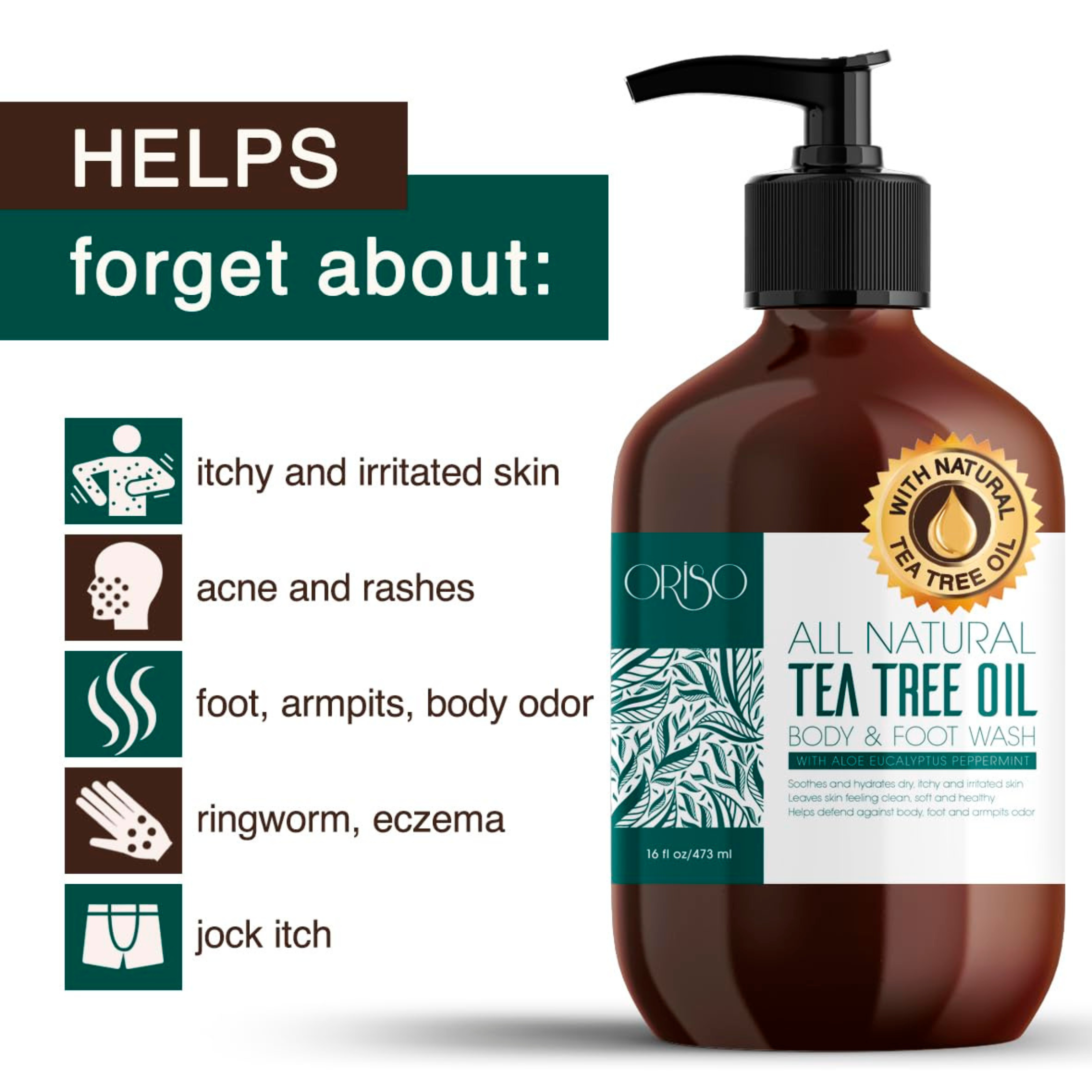 Tea Tree Oil Body Wash - Antifungal - Antibacterial Soap-Helps Athletes Foot - Toenail Fungus - Ringworm - Jock Itchy - Acne - Eczema - Yeast Infection - Body Odor - Itchy Skin - Sulfate Free - 16oz