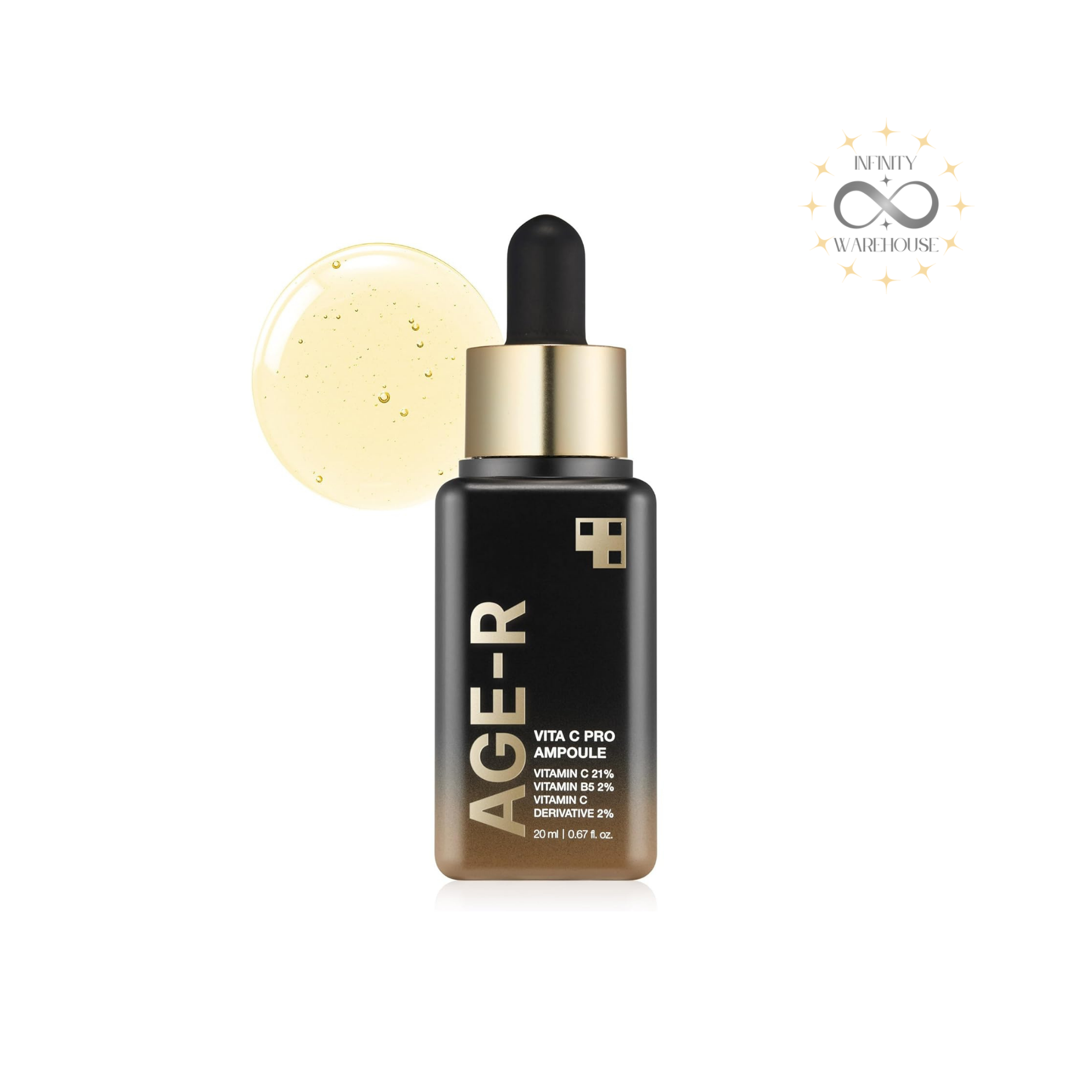 MEDICUBE Age-R Vita-C Pro Ampoule 20ml with 25% pure vitamin C (ascorbic acid), 2% vitamin C derivative (3-O-ethyl ascorbic acid), 2% vitamin B5 (panthenol), adenosine, turmeric root extract, allantoin and optimal pH formula for pigmentation treatment, dark spots reduction, skin brightening and anti-aging care
