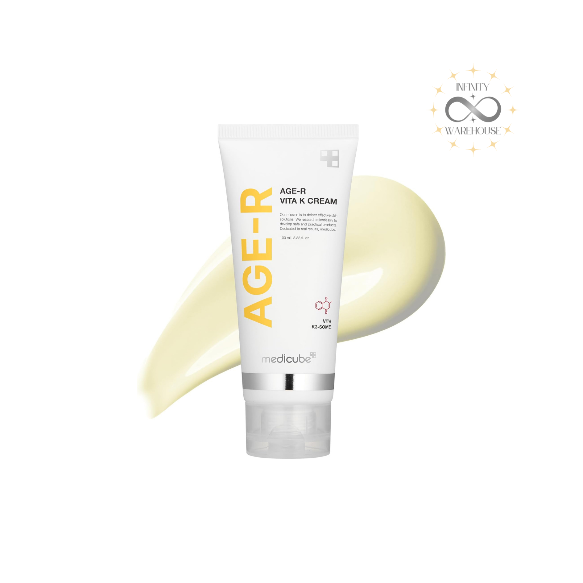 MEDICUBE Age-R Vita K Cream 100ml with vitamin K, niacinamide, succinic acid, 10,000ppm elasticity-improving ingredients (caffeine, pumpkin fruit, garcinia cambogia), hydrogenated lecithin and dual face-body formula for temporary redness aftercare, cellulite care, skin firming and brightening
