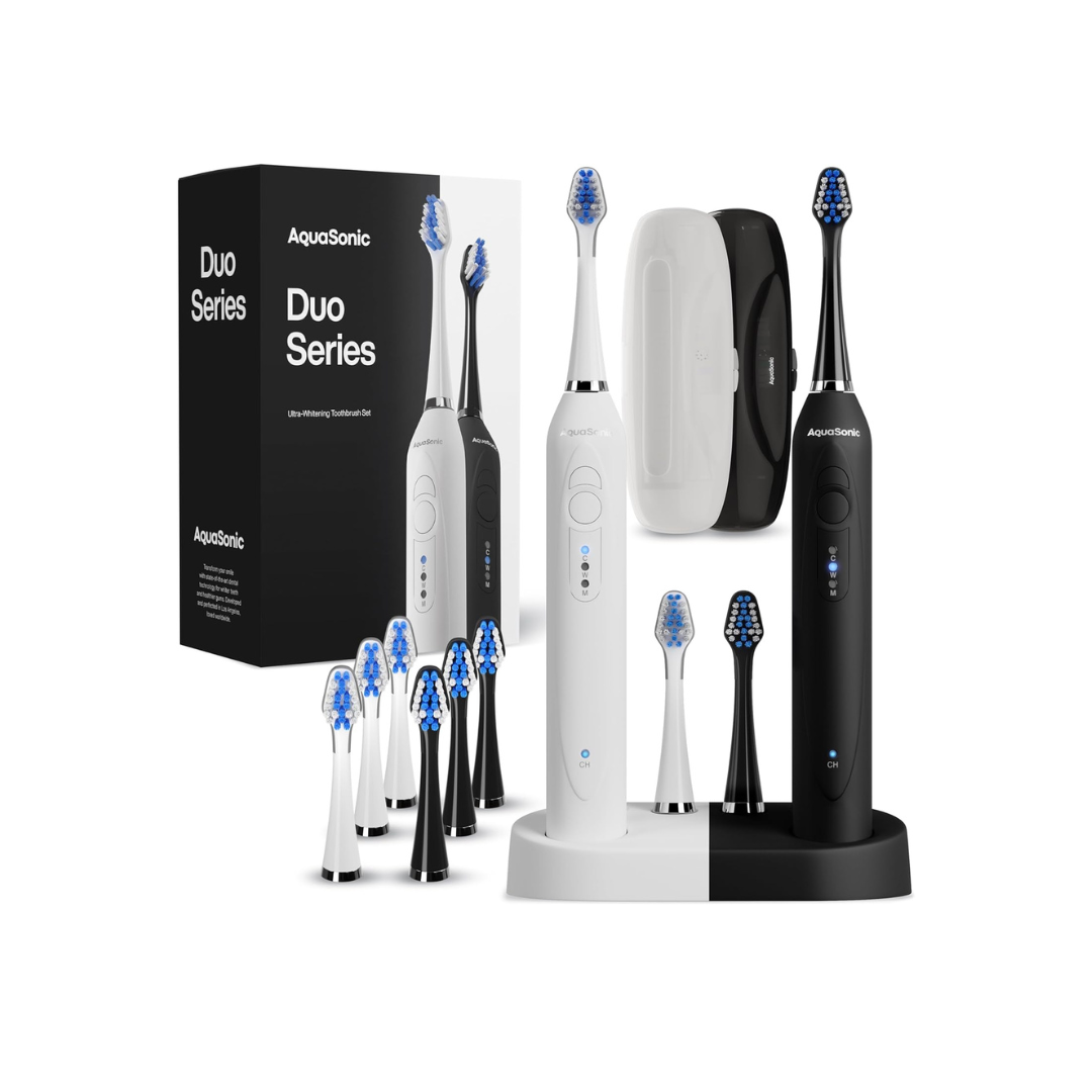 AquaSonic Duo Dual Handle Ultra Whitening 40,000 VPM Wireless Charging Electric ToothBrushes - 3 Modes with Smart Timers - 10 Dupont Brush Heads & 2 Travel Cases Included