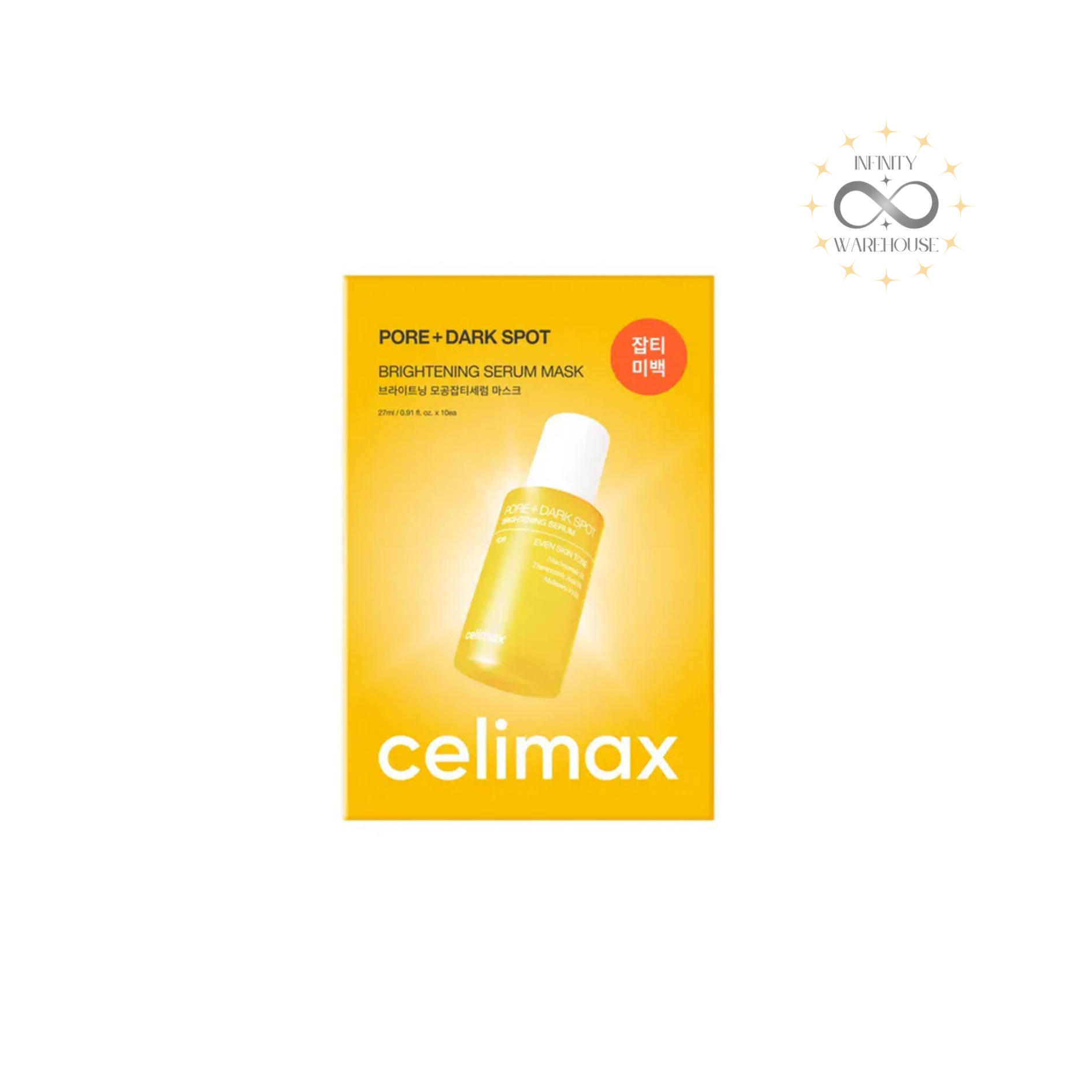 Celimax Brightening Pore+ Dark Spot Serum Mask 10 sheets with niacinamide, tranexamic acid and 10 types of hyaluronic acid for dark spot brightening and pore care
