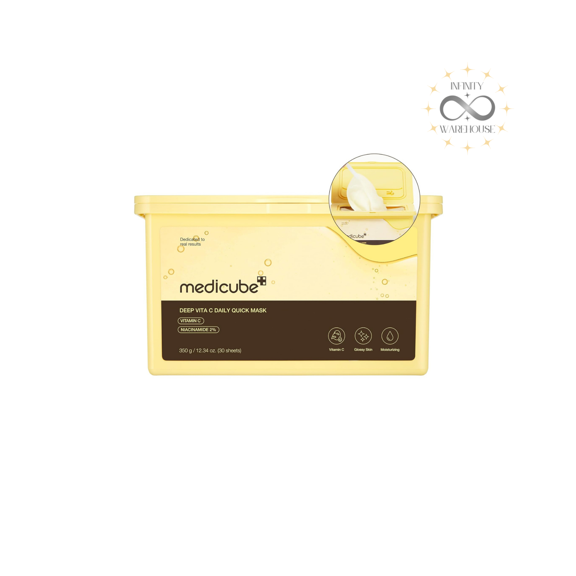 MEDICUBE Deep Vita-C Daily Quick Mask (30 Sheets) 350g with 20,000ppm niacinamide, acetyl glucosamine, triple vita complex, vitamin tree water, pure vitamin C and cellulose sheets for 60-second brightening, dark spots reduction, skin radiance boost and daily skincare routine
