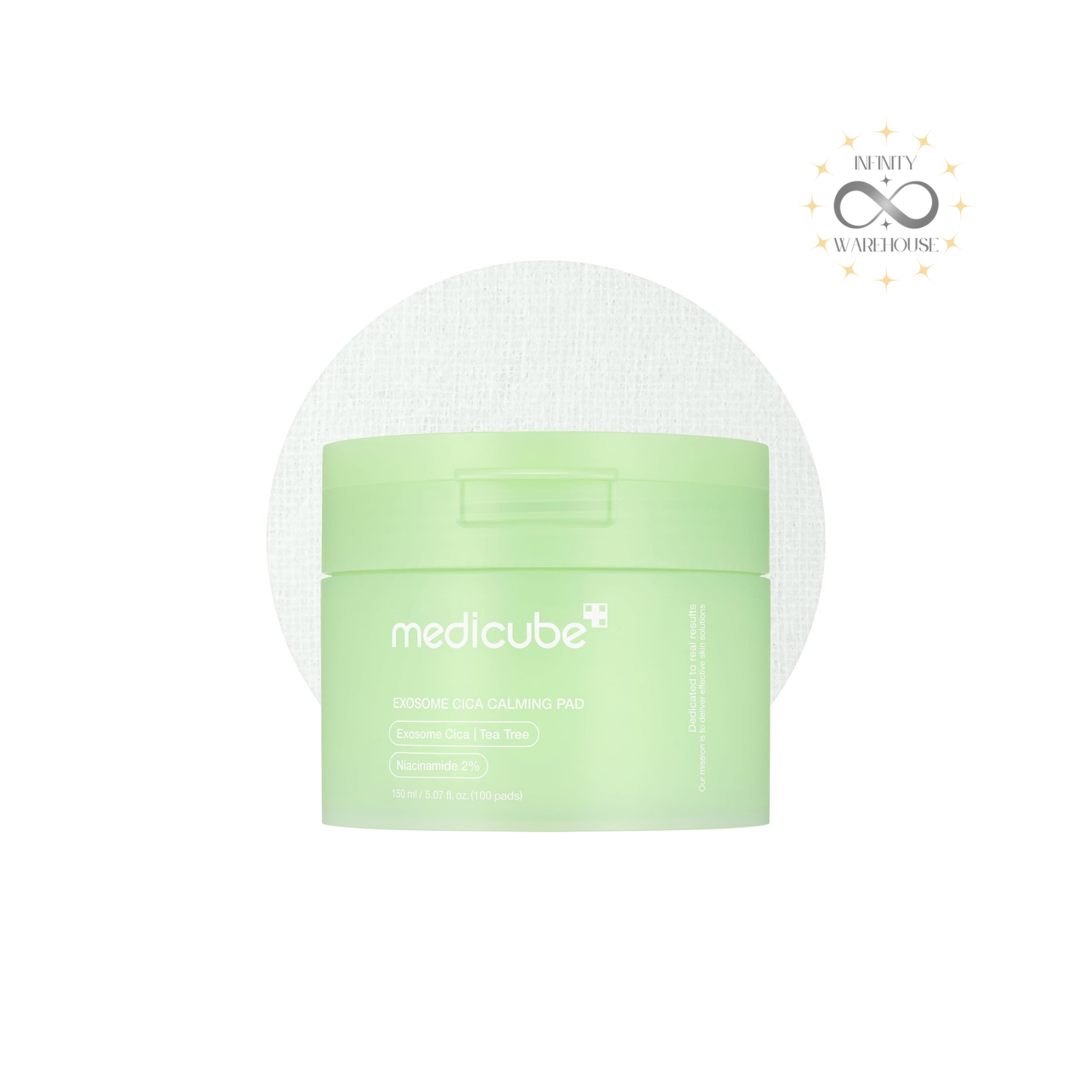 MEDICUBE Exosome Cica Calming Pad (100 Pads) with nano-sized exosome cica, 2% niacinamide, tea tree leaf water, 12 types of cica, houttuynia cordata water and dual-textured pads for acne-prone skin soothing, irritation relief, sebum control and gentle exfoliation
