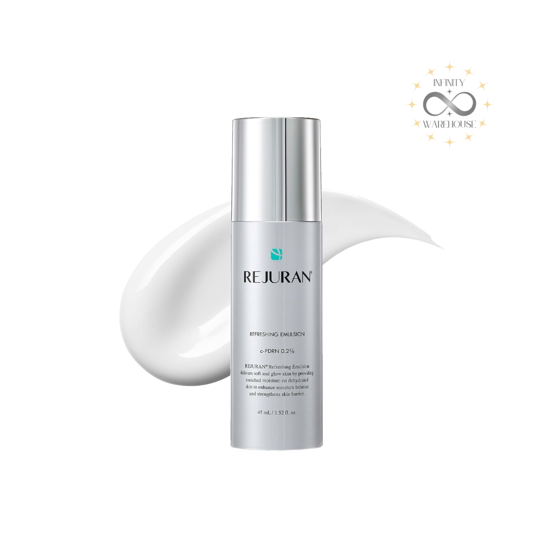 REJURAN Healer Refreshing Emulsion 45ml with c-PDRN (hydrolyzed DNA), niacinamide, ceramide NP, tea tree leaf extract, adenosine, panthenol, sodium hyaluronate, cholesterol, centella asiatica extract and lightweight formula for oil-water balance restoration, skin barrier strengthening, deep hydration, sensitive skin soothing and pH balancing
