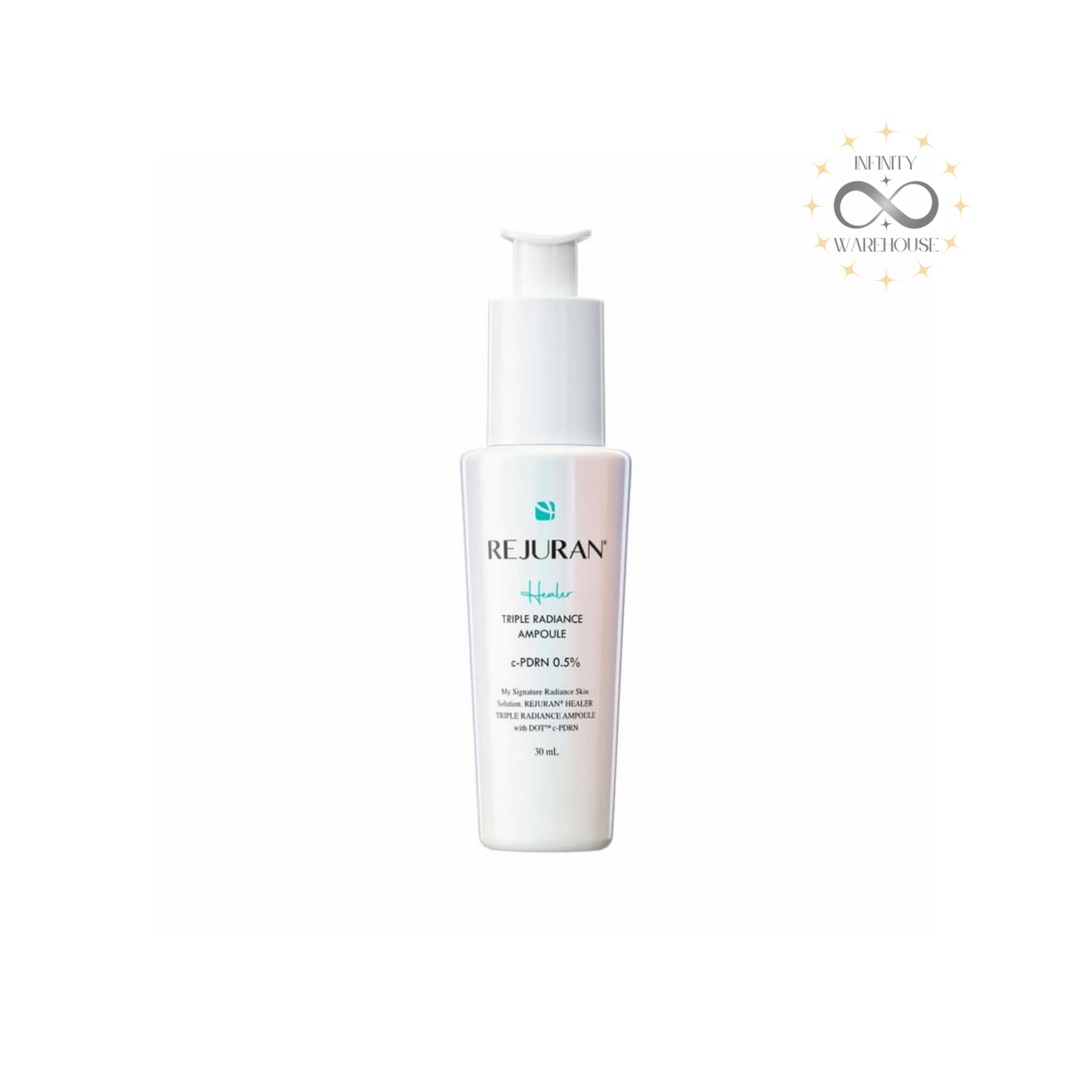 REJURAN Healer Triple Radiance Ampoule 30ml with DOT c-PDRN (hydrolyzed DNA), niacinamide, yeast extract, black mulberry leaf extract, white willow bark extract, blueberry extract, licorice root extract, sodium hyaluronate, adenosine, panthenol and triple brightening formula for skin radiance enhancement, tone improvement, fine lines reduction, deep nourishment and dual functionality whitening and anti-aging
