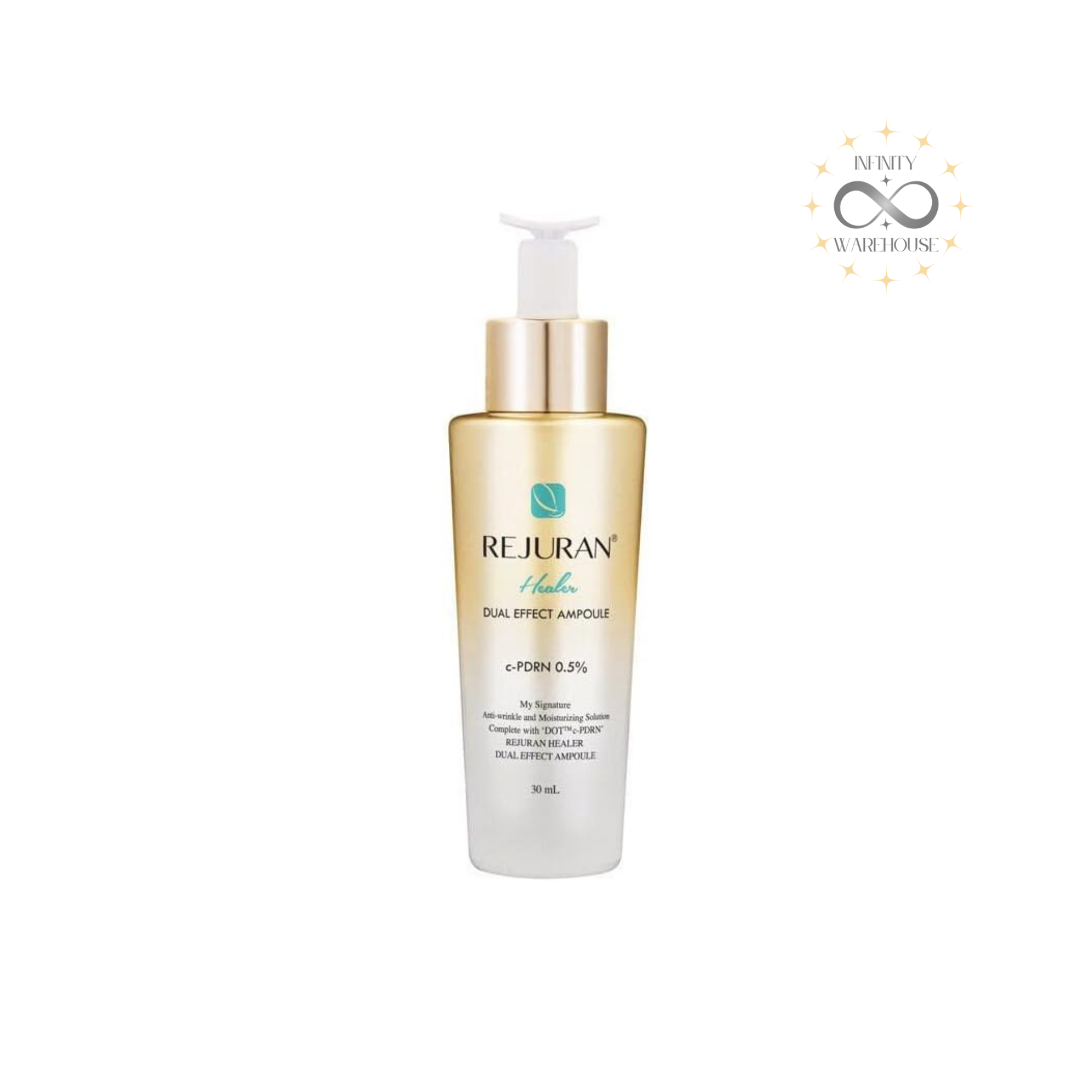 REJURAN Healer Turnover Ampoule Dual Effect 30ml with DOT DUAL PDRN complex (c-PDRN and n-PDRN), hydrolyzed DNA, niacinamide, adenosine, hyaluronic acid, arbutin, aloe vera leaf juice, licorice root extract and 3-technique formula for dual functionality brightening and wrinkle improvement, anti-aging care, collagen production boost and 2-week visible results
