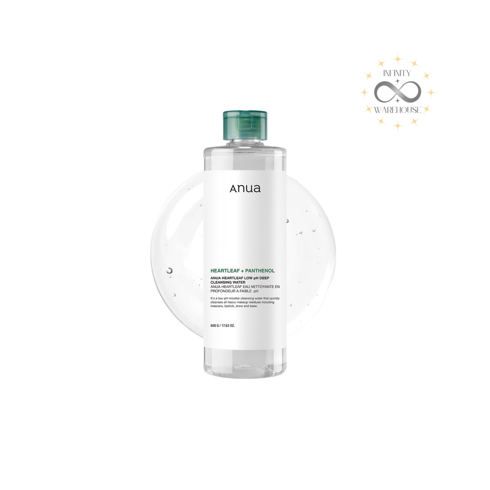 Anua Heartleaf Low pH Deep Cleansing Water 500ml with 87% heartleaf extract and micellar technology for gentle makeup removal and sensitive skin cleansing
