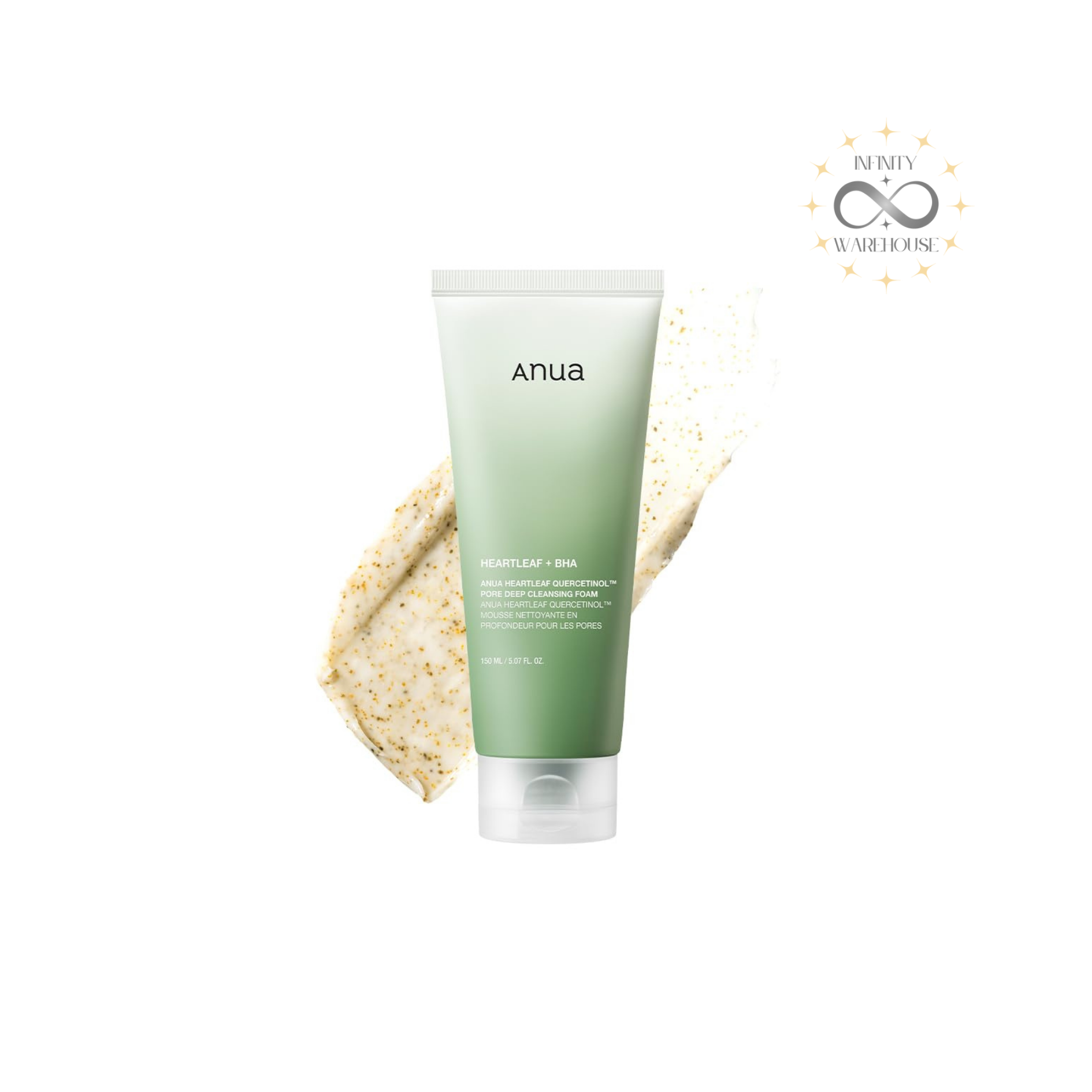 Anua Heartleaf Quercetinol Pore Deep Cleansing Foam 150ml with 3,000ppm heartleaf powder, BHA and Anti-Sebum P for deep pore cleansing and gentle exfoliation
