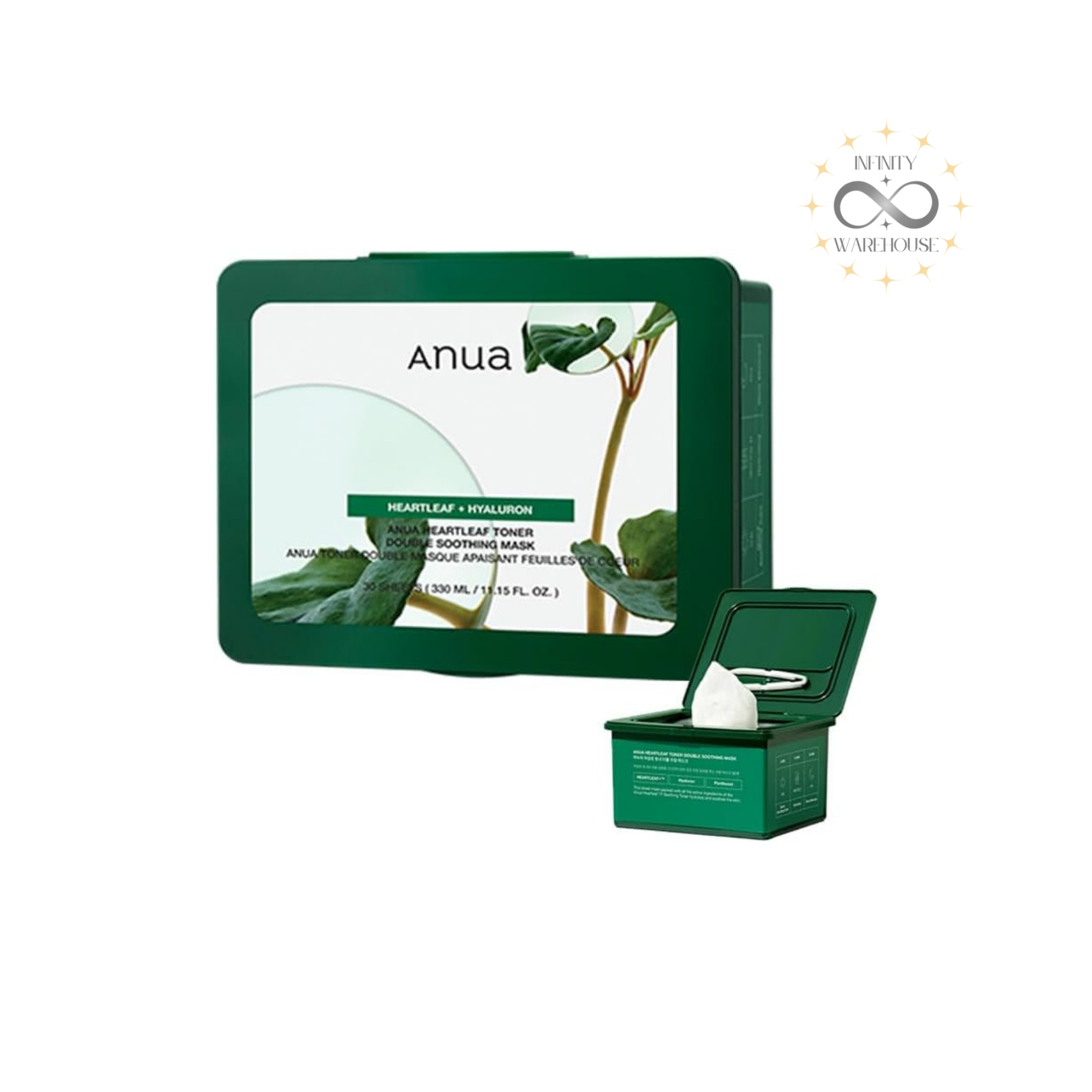 Anua Heartleaf Toner Double Soothing Mask 30 pack with 107,800ppm heartleaf extract and hyaluronic acid for sensitive skin hydration and barrier care
