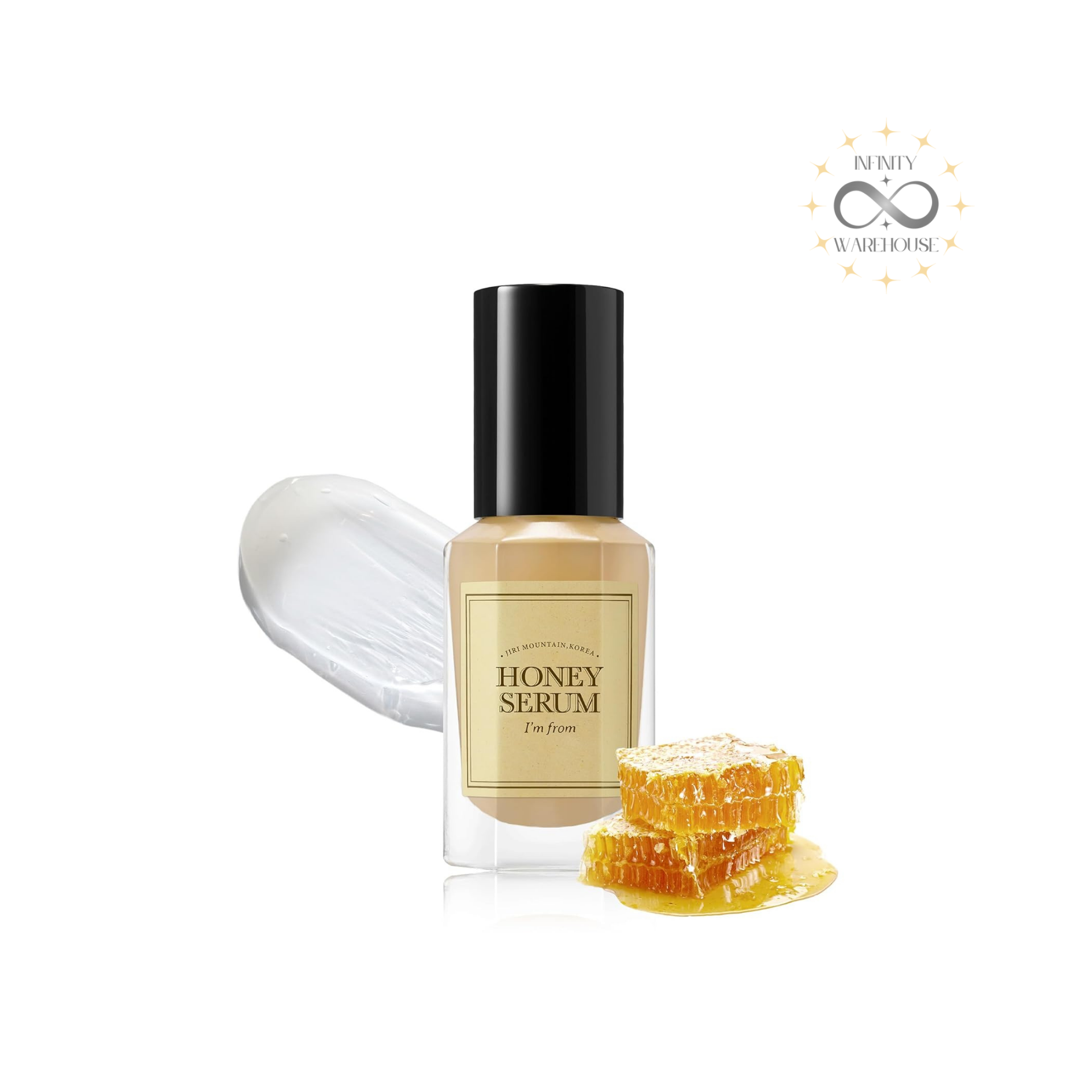 I'm From Honey Serum 30ml with 30.63% Honey Glow Queen Complex, 7 active ingredients including honey, black bee propolis, royal jelly, bee venom, niacinamide and centella asiatica for elasticity improvement and brightening
