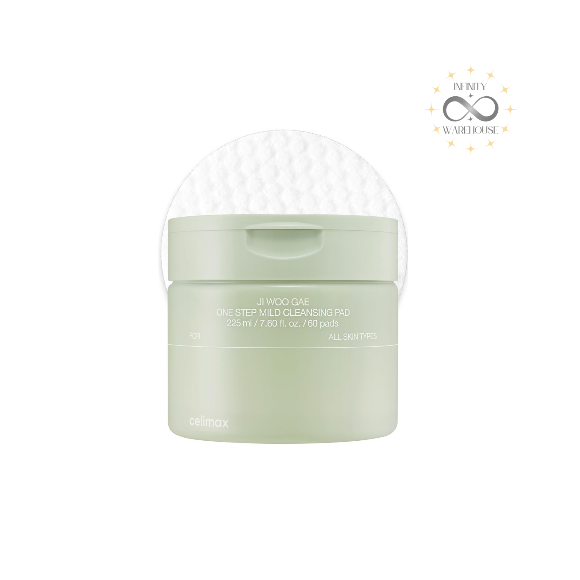 Celimax Ji Woo Gae One Step Mild Cleansing Pad 60 pads with 5 hyaluronic acids, tea tree leaf water and sunflower seed oil for gentle makeup removal and skin hydration

