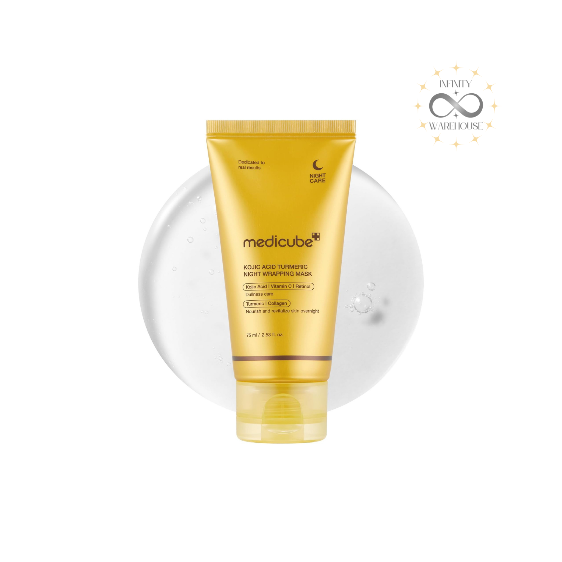 MEDICUBE Kojic Acid Turmeric Night Wrapping Mask 75ml with kojic acid, 5,000ppm turmeric root extract, hydrolyzed collagen, niacinamide, adenosine and peel-off wrapping film for overnight brightening, glass glow skin, elasticity improvement and dark spots reduction
