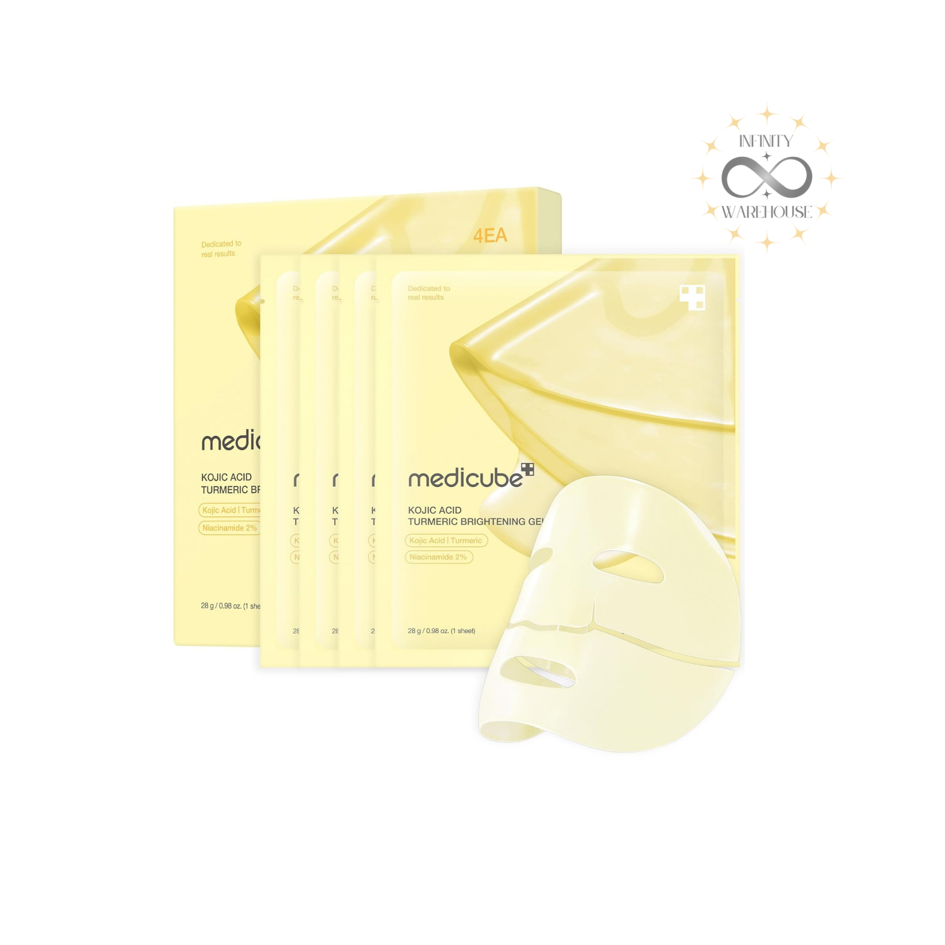 MEDICUBE Kojic Acid Turmeric Whitening Gel Mask (4 Sheets) 28g with kojic acid, turmeric root extract, niacinamide, hydrolyzed collagen, ceramide NP and color-changing hydrogel technology for dark spots reduction, skin brightening, hyperpigmentation treatment and glass glow skin
