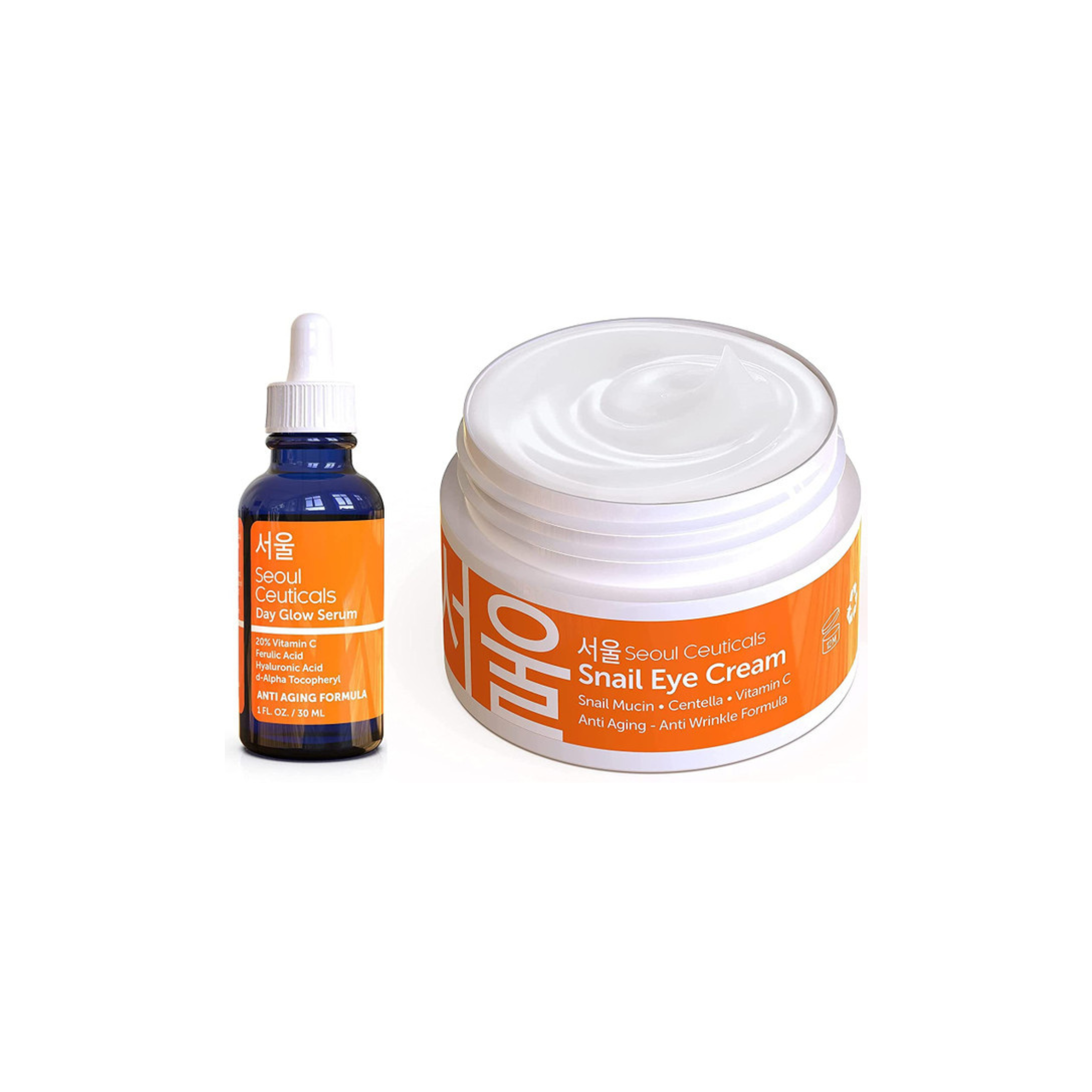 Korean Skin Care Set Contains Potent Vitamin C Serum PLUS Korean Snail Eye Cream with Centella Asiatica - This Extremely Effective Skincare Set Provides You With Glowing Skin & Youthful Eyes