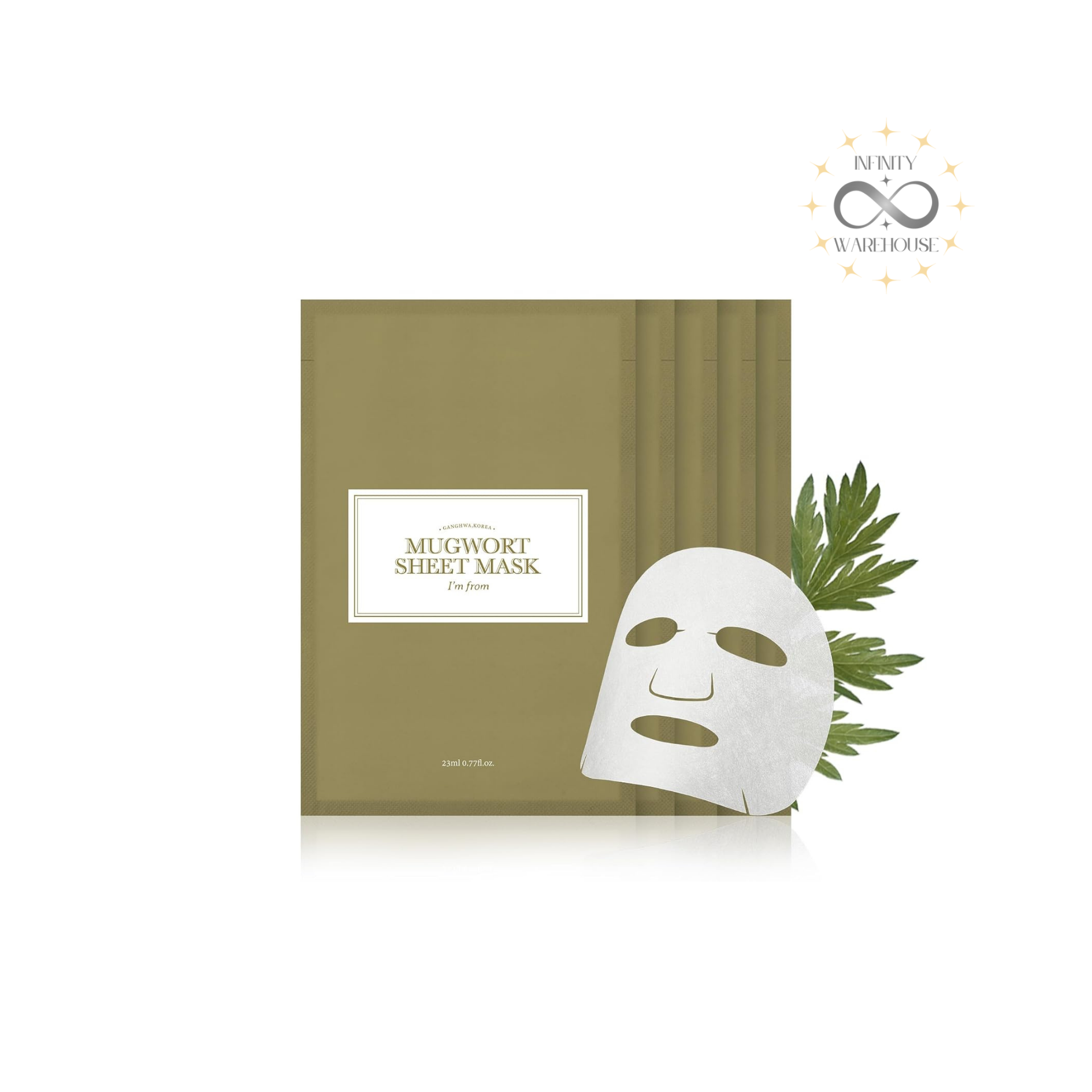 I'm From Mugwort Sheet Mask 5 sheets with 93% Ganghwa mugwort extract, hyaluronic acid, dipotassium glycyrrhizate and vegan I-Cell sheet for sensitive skin soothing and calming
