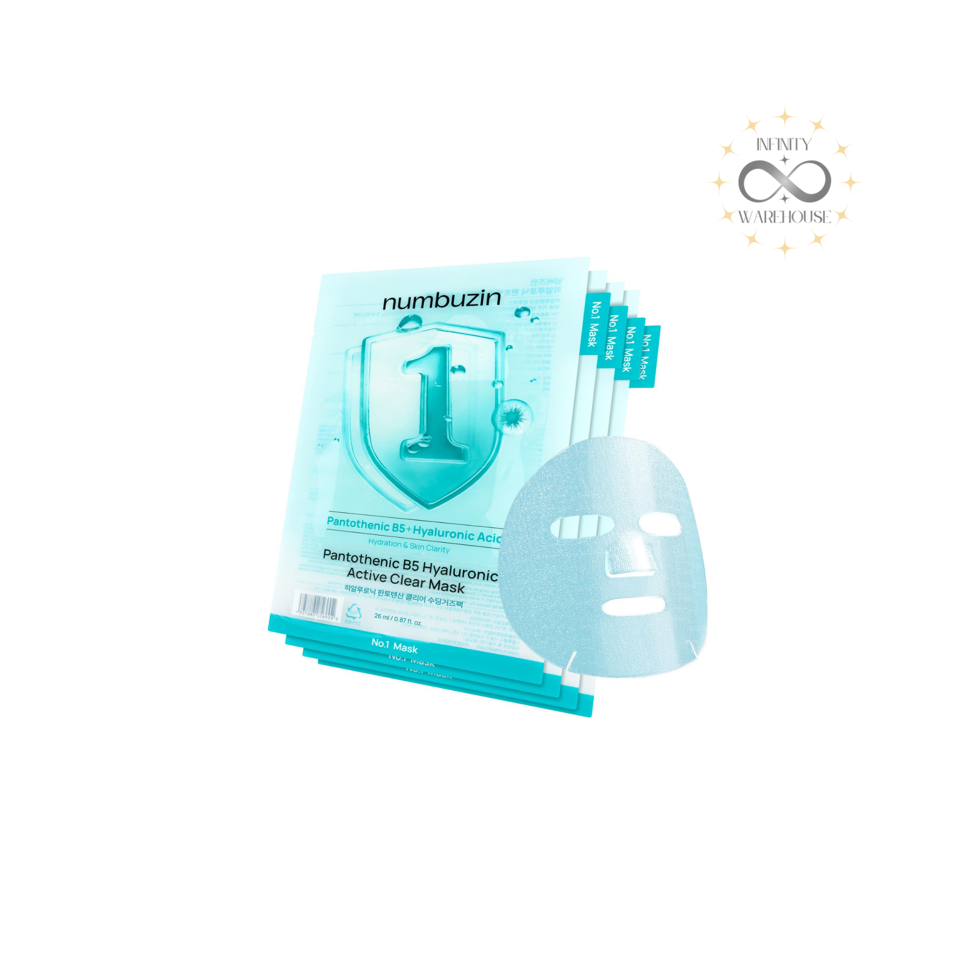 NUMBUZIN No.1 Pantothenic B5 Hyaluronic Active Clear Mask Sheet x 10 Sheets with 4% niacinamide, pantothenic acid (vitamin B5), 4 types hyaluronic acid, panthenol, allantoin, centella asiatica extract, licorice root extract and hydrogel gauze sheet for ac
