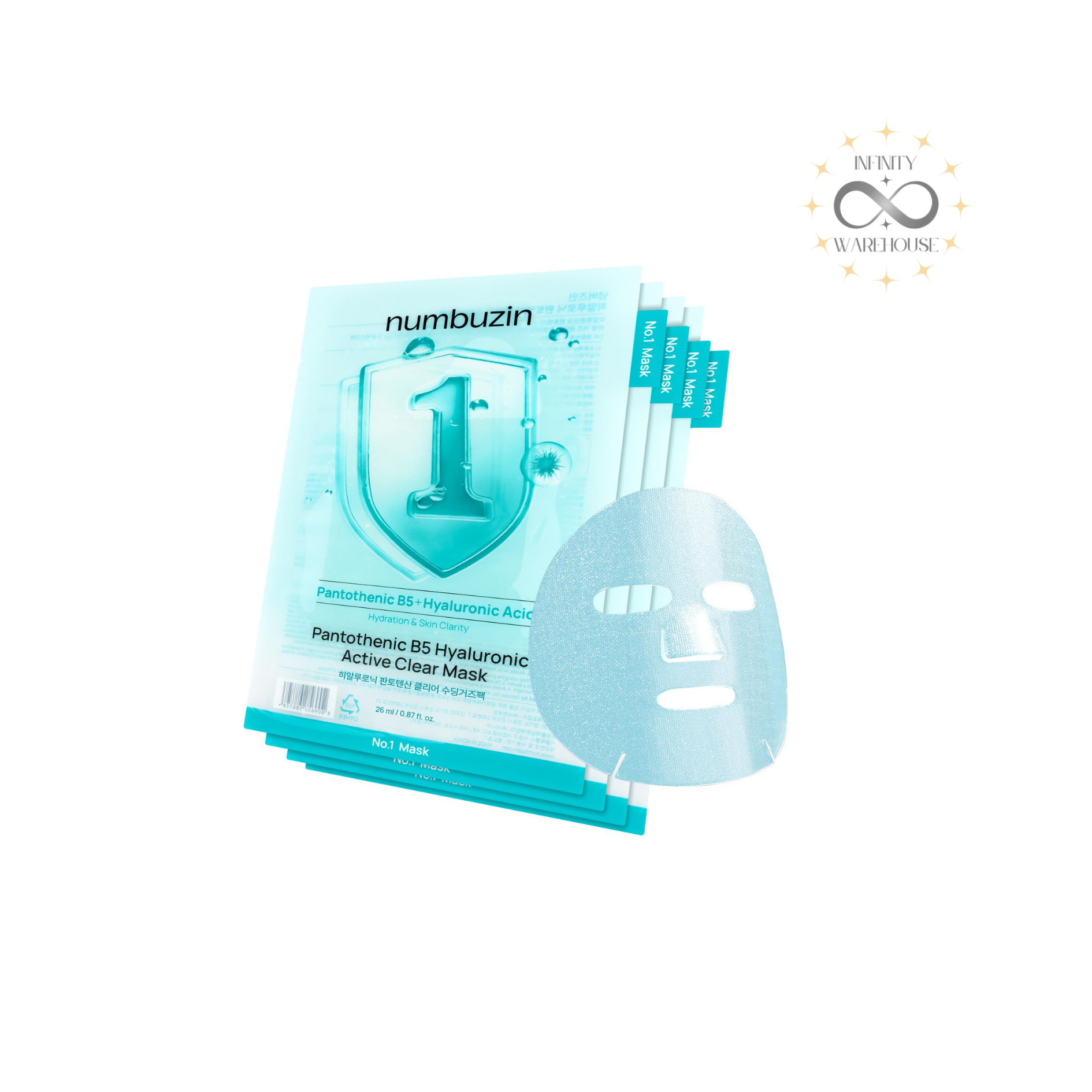 NUMBUZIN No.1 Pantothenic B5 Hyaluronic Active Clear Mask x 10 sheets with 4% niacinamide, pantothenic acid (vitamin B5), 4 types hyaluronic acid, panthenol, allantoin, centella asiatica extract, licorice root extract and hydrogel gauze sheet for acne-prone skin care, trouble scar improvement, sebum control and 4-week acne reduction
