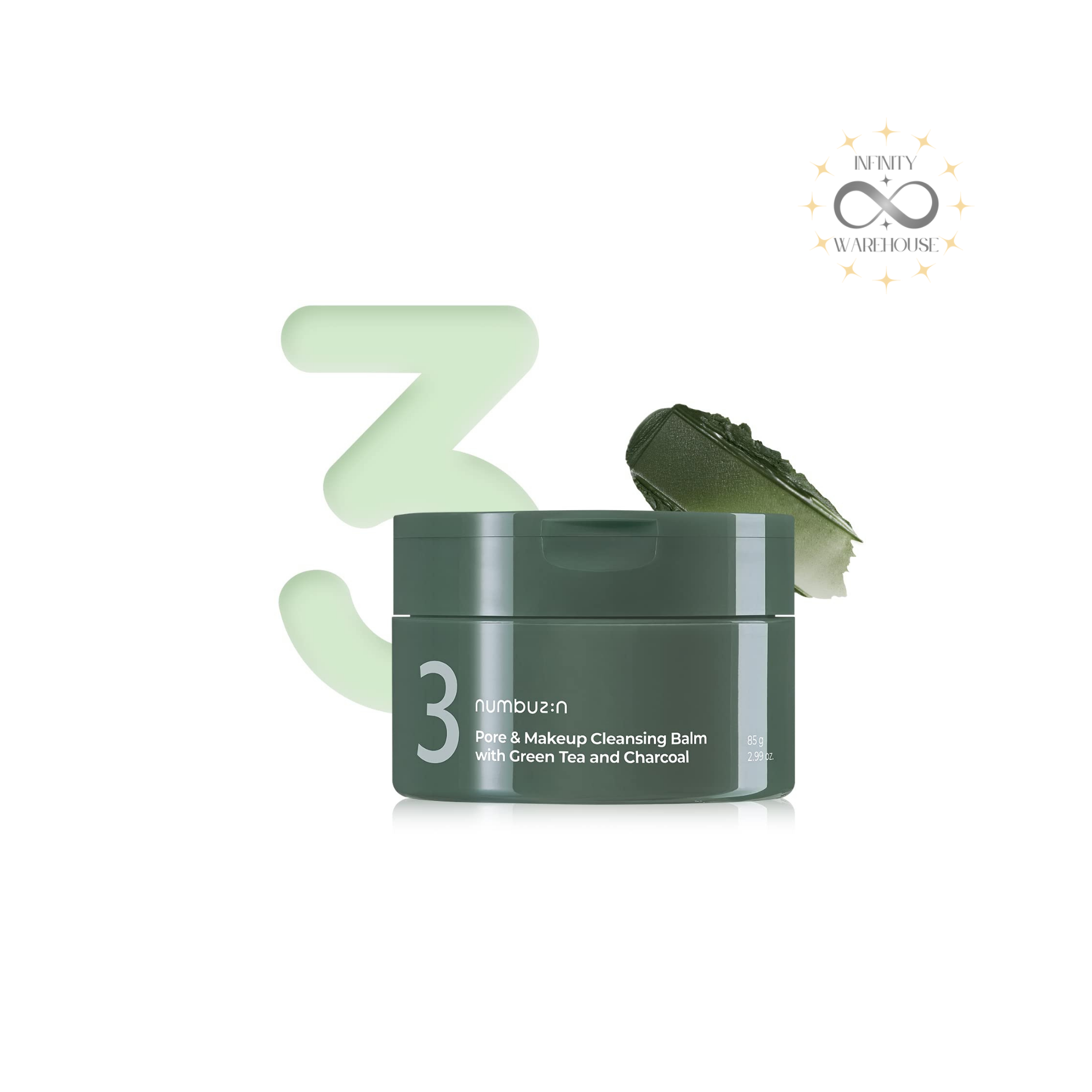 NUMBUZIN No.3 Pore & Makeup Cleansing Balm with Green Tea and Charcoal 85g with green tea powder, green tea seed oil, green tea extract, charcoal powder, tea tree oil, rosemary oil, kaolin clay, montmorillonite clay and 2-in-1 formula for makeup removal, pore cleansing, blackhead improvement, sebum control and waterproof mascara cleansing
