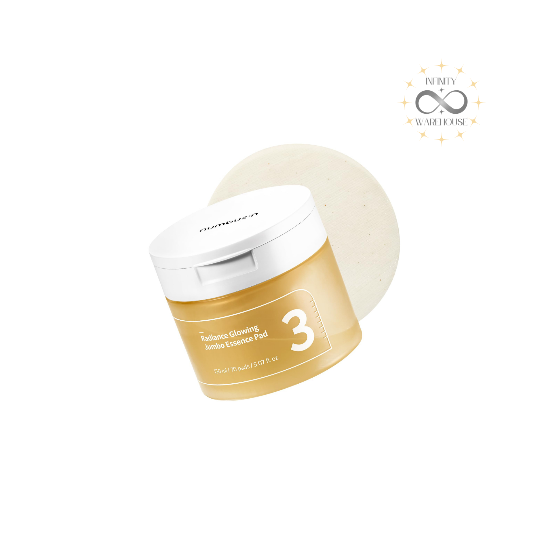 NUMBUZIN No.3 Radiance Glowing Jumbo Essence Pad x 70 pads with 50 types fermented ingredients, niacinamide, adenosine, sodium hyaluronate, tetrahydrocurcumin, gardenia florida fruit extract, 150ml essence and jumbo-sized vegan cotton pads for skin brightening, dullness banishing, deep hydration and glass glow effect
