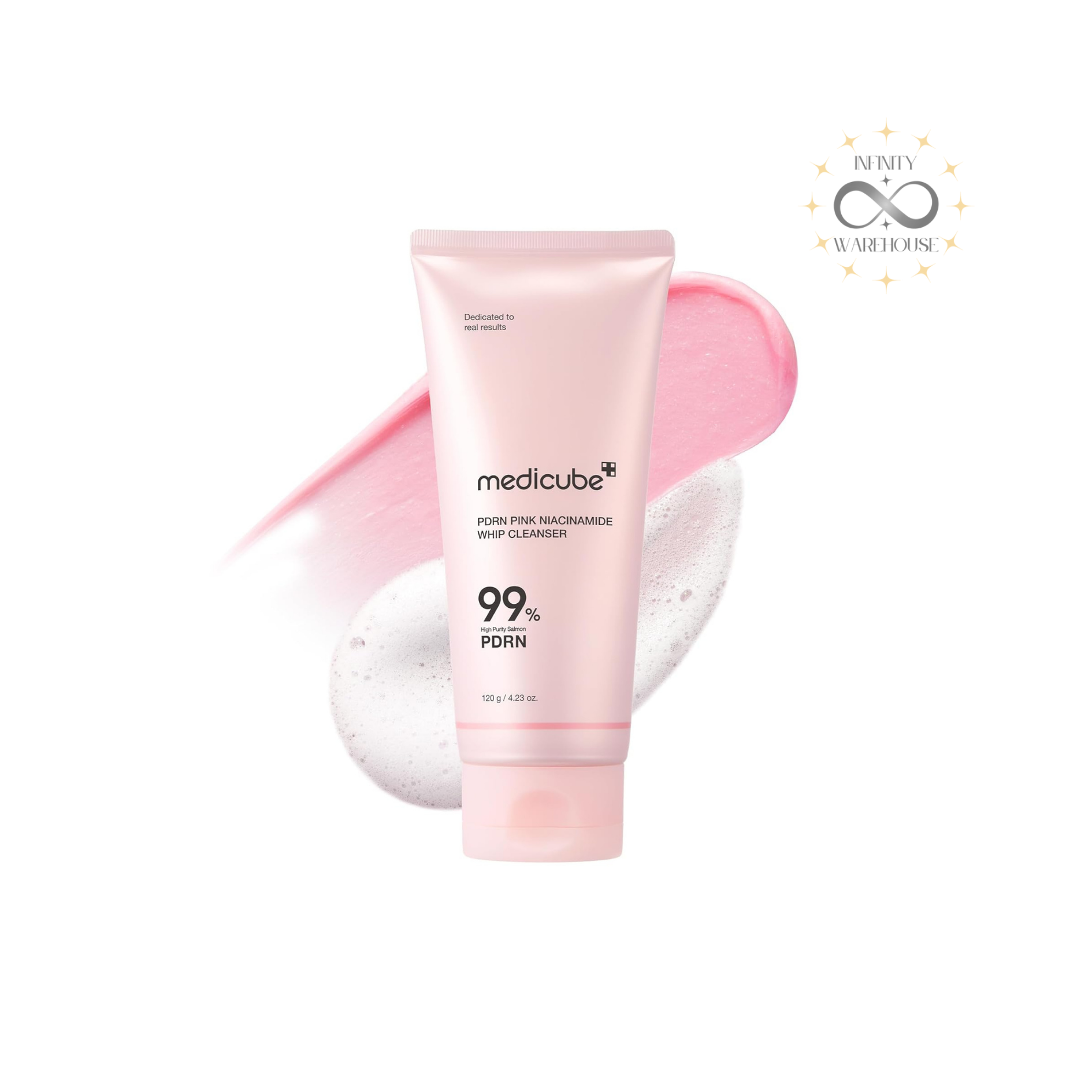 MEDICUBE PDRN Pink Niacinamide Whip Cleanser 120g with 99% pure PDRN (salmon DNA), 20,000ppm niacinamide, copper tripeptide-1, chamomile flower oil, peach extract and marshmallow-like whip texture for gentle deep cleansing, skin brightening, dark spots reduction and pore refining
