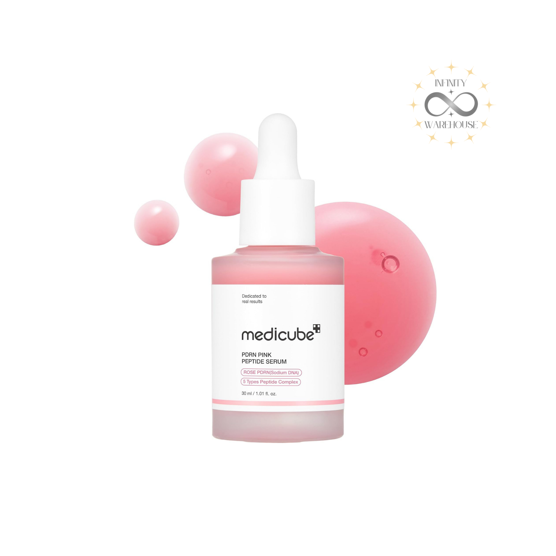 MEDICUBE PDRN Pink Peptide Serum 30ml with 1% salmon PDRN (10,000ppm), 5-peptide complex, niacinamide, turmeric root extract, copper tripeptide-1, hyaluronic acid and pink glow formula for skin regeneration, blemish fading, elasticity improvement and anti-aging care
