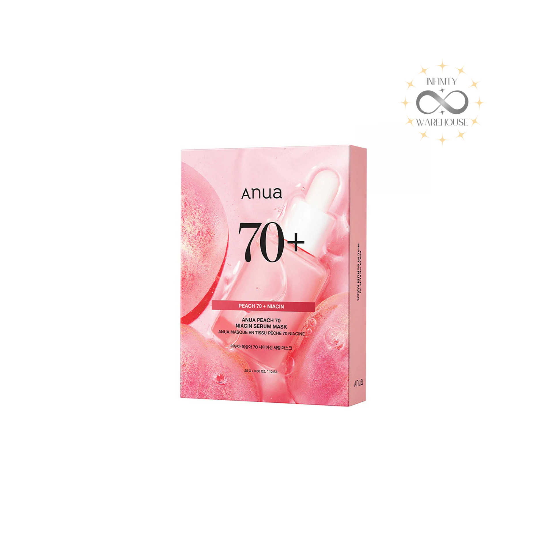 Anua Peach 70% Niacin Serum Mask 10 pack with vitamin B3 and peach extract for brightening and hydrating sensitive skin
