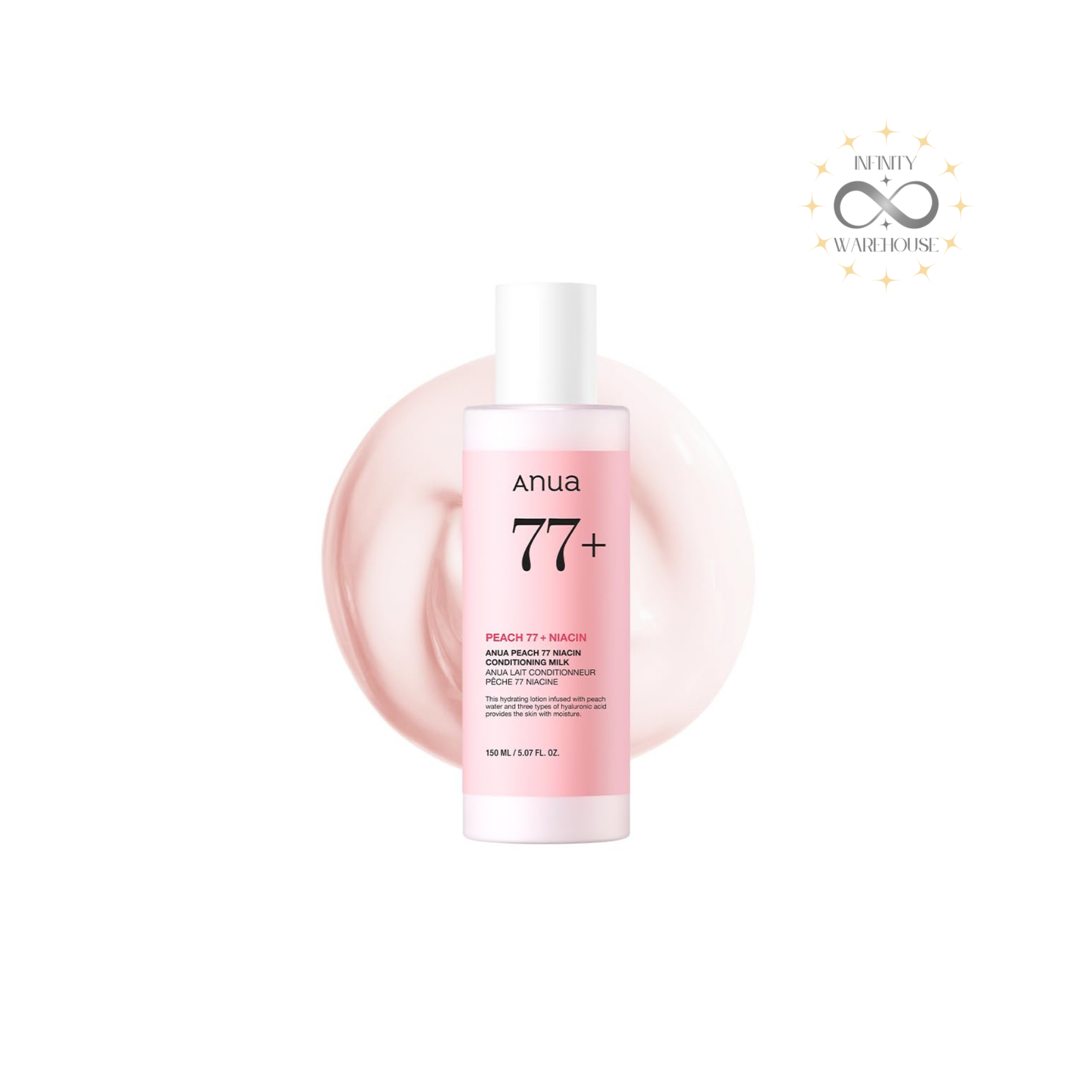Anua Peach 77% Niacin Conditioning Milk 150ml with 77% peach fruit extract, niacinamide and vitamin B12 for brightening and hydrating all skin types
