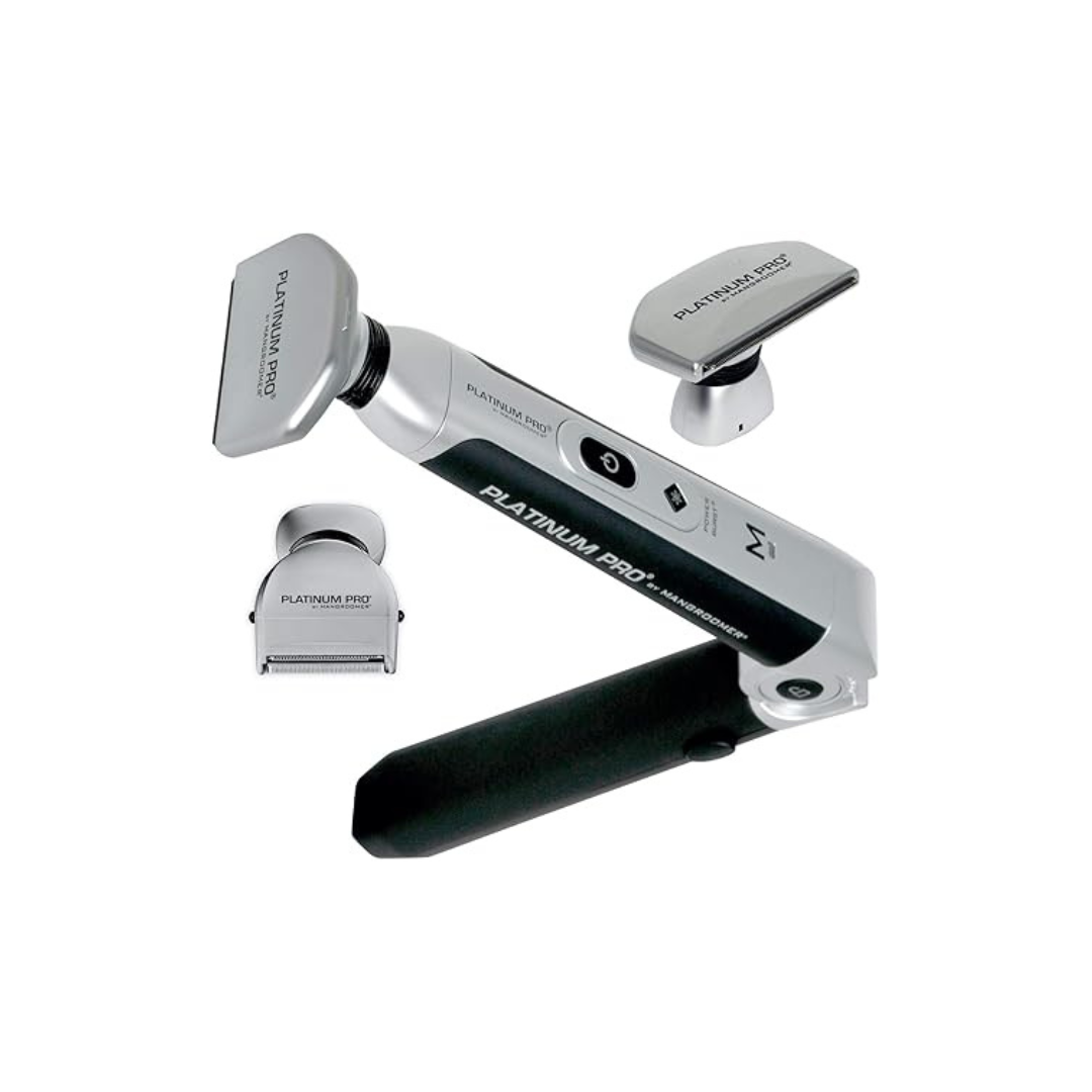 Platinum Pro by MANGROOMER New Back Shaver with 3 Shock Absorber Flex Heads, Power Hinge, Extreme Reach Handle & Bonus Case! (Generation 8.0), 4 Piece Set