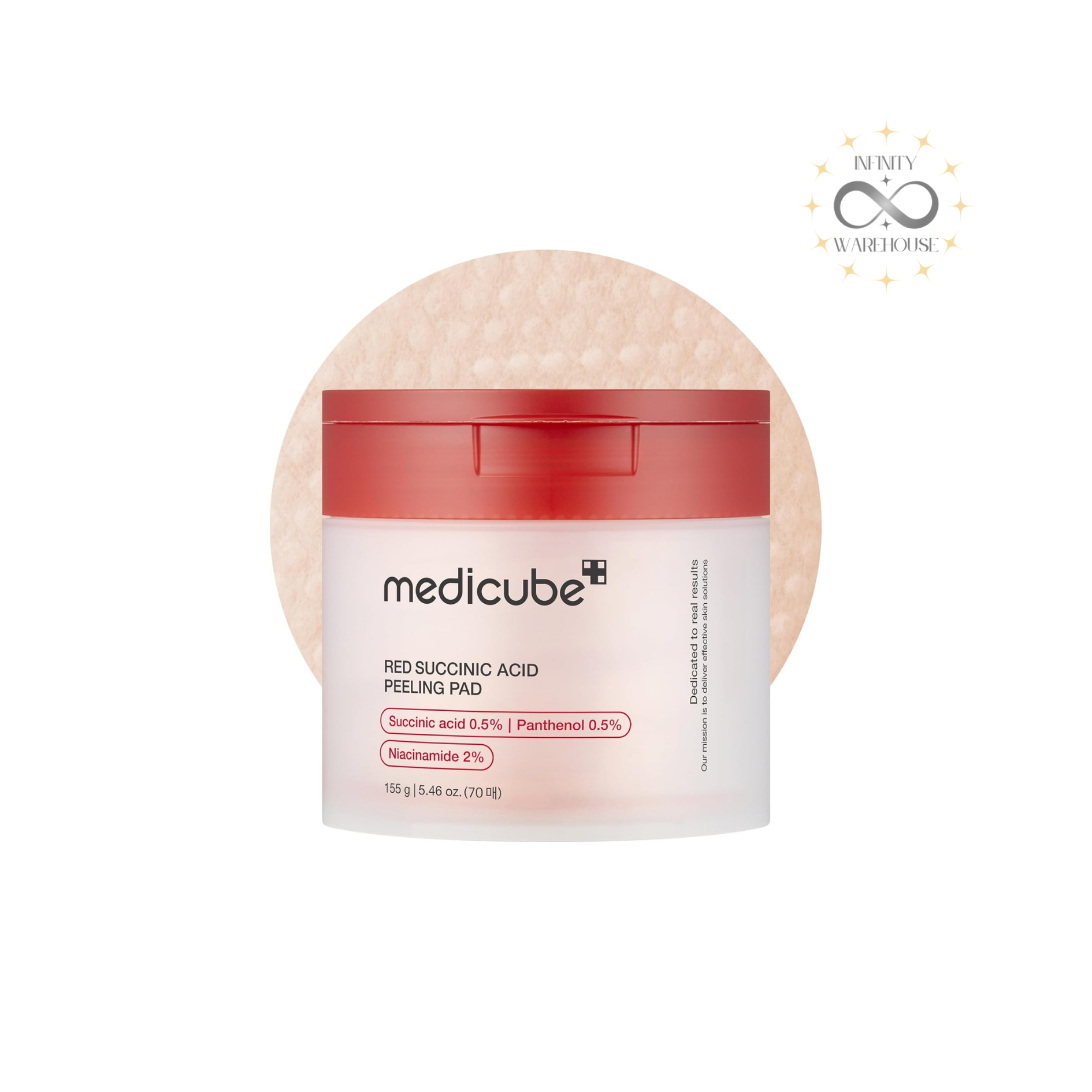 MEDICUBE Red Succinic Acid Pad (70 Pads) with succinic acid, niacinamide, salicylic acid BHA, panthenol, allantoin and dual-textured pads for acne treatment, post-acne pigmentation reduction, pore exfoliation and skin brightening

