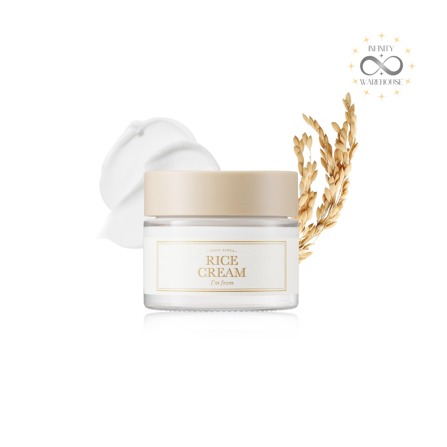 I'm From Rice Cream 50ml with 41% Yeoju Korean rice bran ceramide, hyaluronic acid, adenosine and panthenol for sebum control, barrier strengthening and brightening hydration
