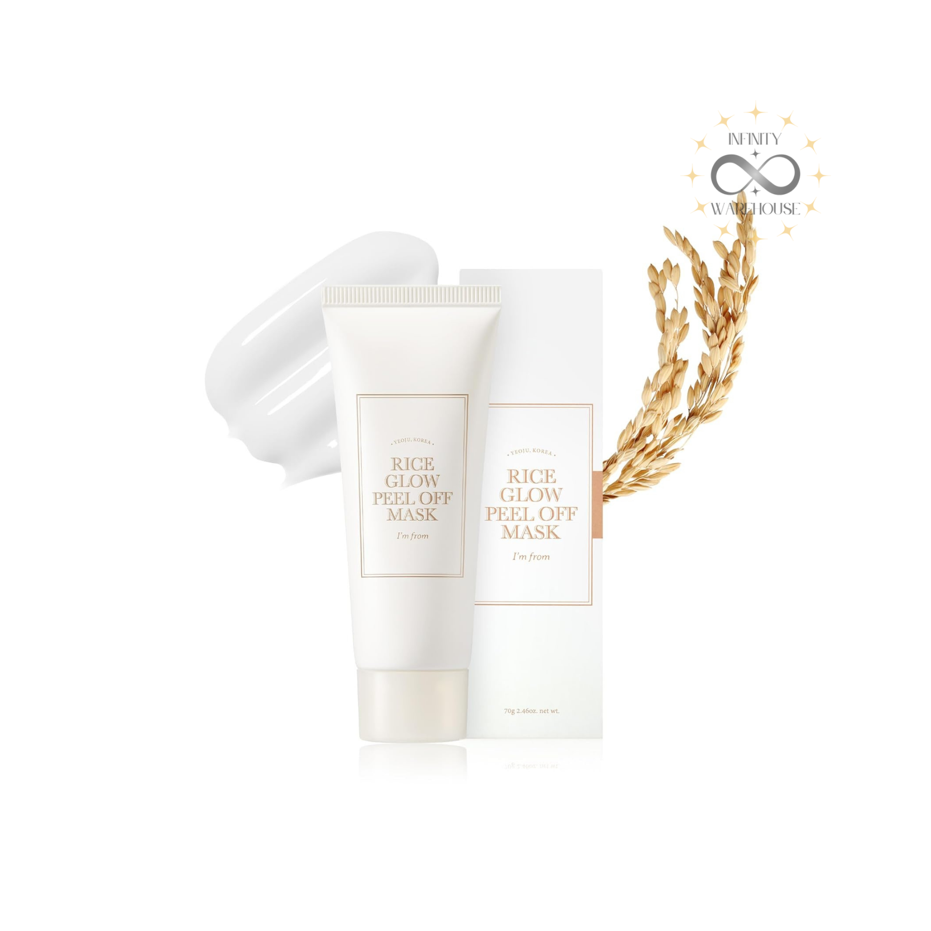 I'm From Rice Glow Peel-Off Mask 70g with 1.1% Yeoju Rice Protein Complex, ceramide NP, proteoglycan and niacinamide for radiance boosting, elasticity improvement and deep hydration
