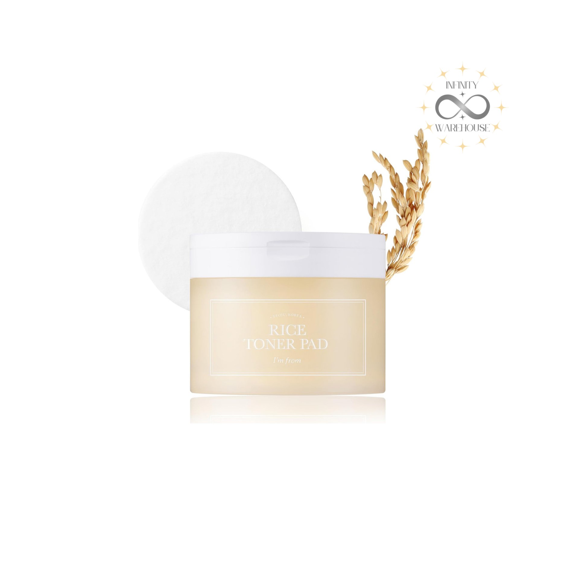 I'm From Rice Toner Pad 60 pads with 1% Yeoju Rice Complex, niacinamide, rice extract and dual-sided texture for gentle exfoliation, brightening and deep hydration