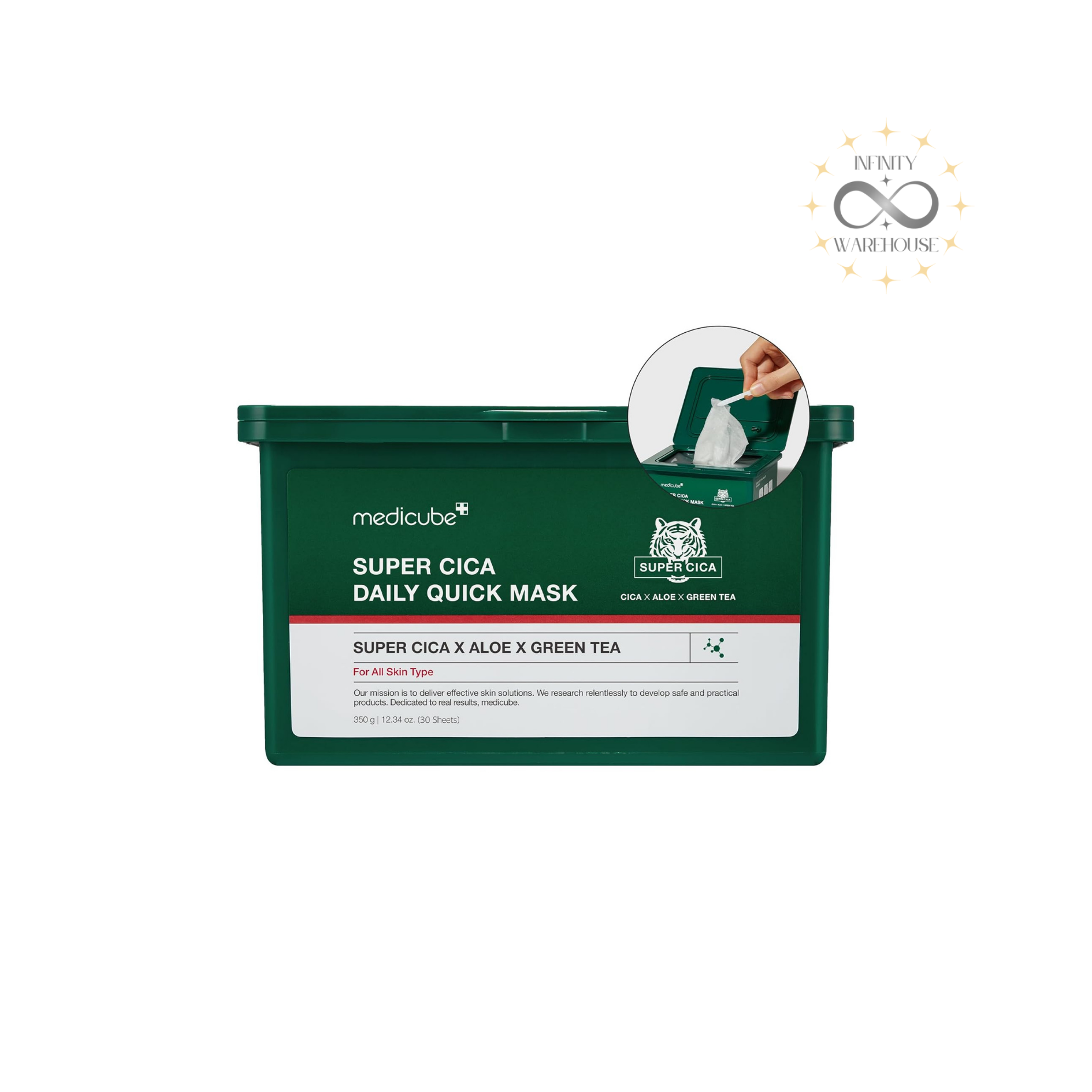 MEDICUBE Super Cica Daily Quick Mask (30 Sheets) 350g with 88% cica formula, Super Cica 7 complex, tea tree extract, aloe leaf extract, hyaluronic acid, allantoin and biodegradable cellulose material for 60-second soothing, cooling effect, sensitive skin care and daily hydration
