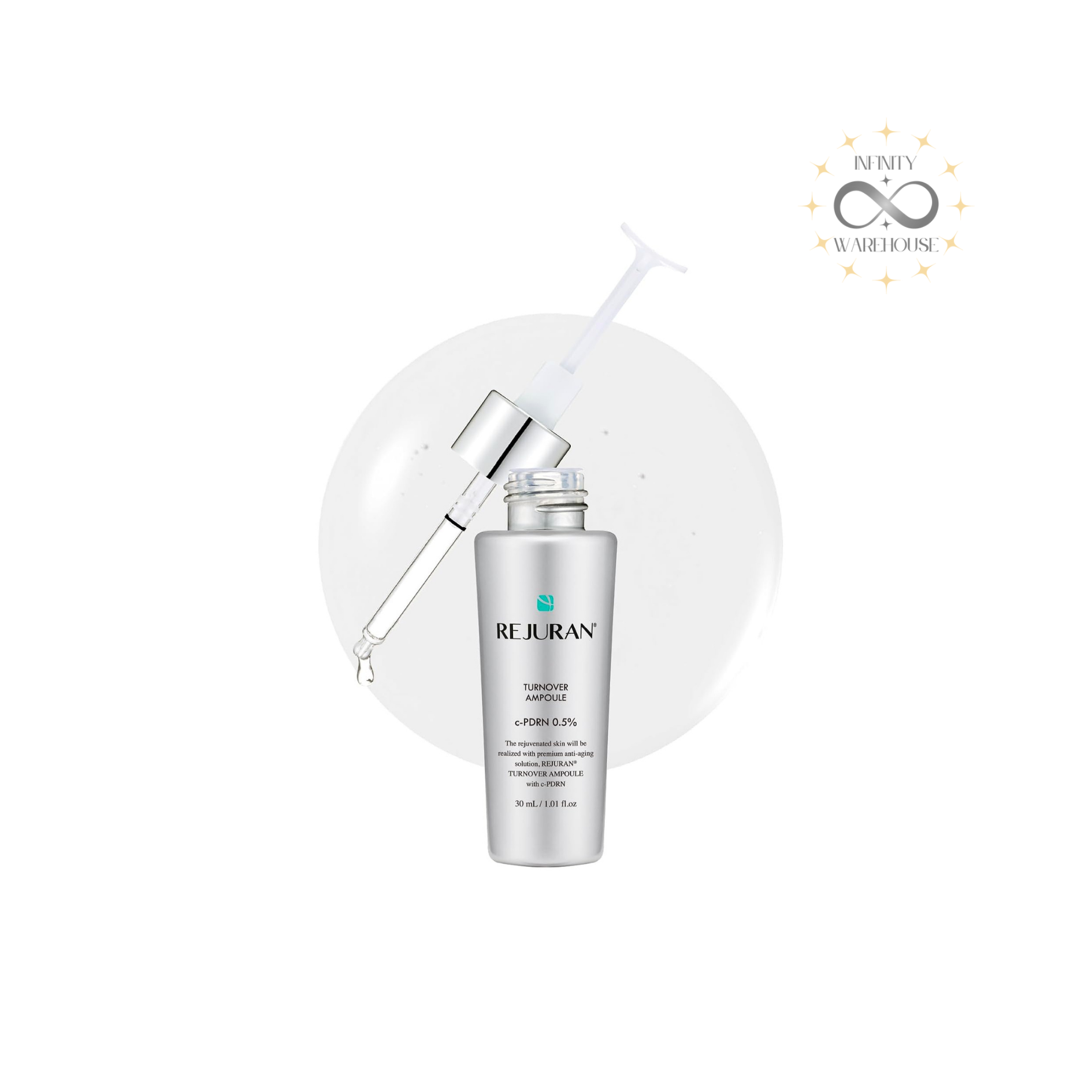 REJURAN Healer Turnover Ampoule 30ml with 0.5% c-PDRN (hydrolyzed DNA), dual PDRN complex, hyaluronic acid, adenosine, niacinamide, centella asiatica extract and marine growth factor for anti-aging care, skin tone improvement, wrinkle reduction, collagen production boost and 2-week anti-aging effect
