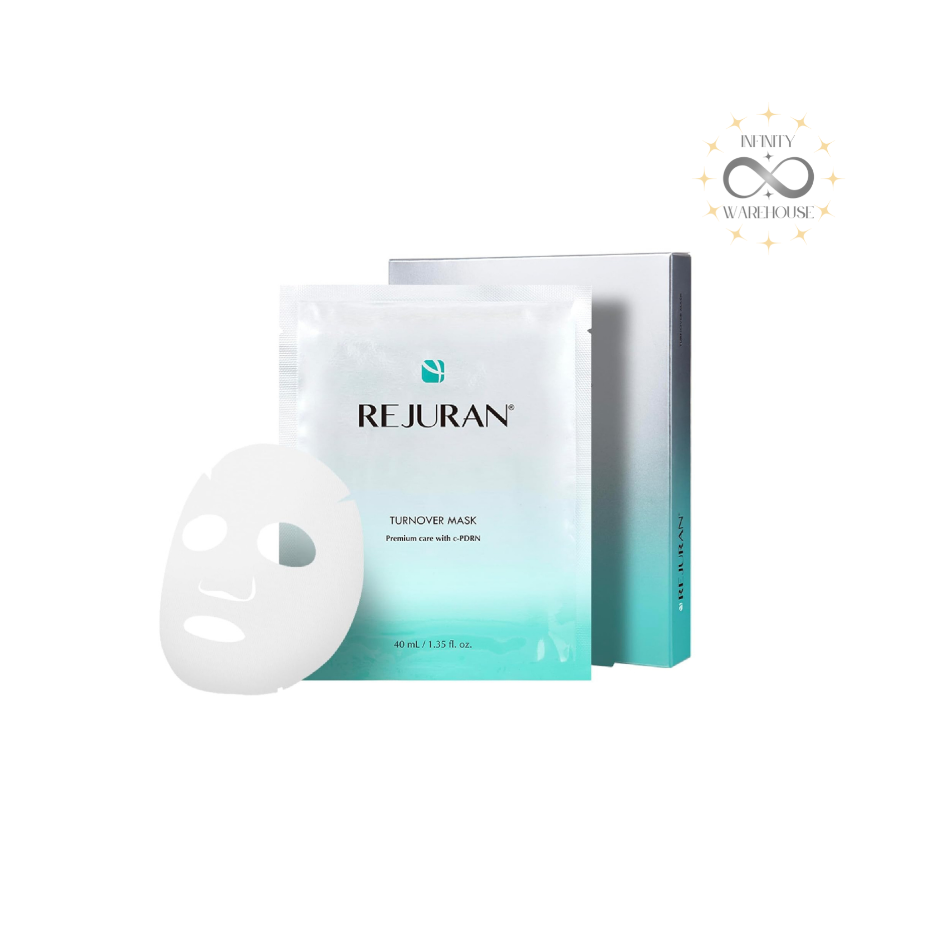 REJURAN Turnover Mask 40mL (5 sheets) with c-PDRN (hydrolyzed DNA), centella asiatica extract, adenosine, niacinamide, panthenol, ceramide 3, shea butter, ultra-microfiber sheet and intensive rejuvenating formula for damaged skin repair, skin tone improvement, wrinkle reduction and barrier strengthening with dual functionality whitening and anti-aging
