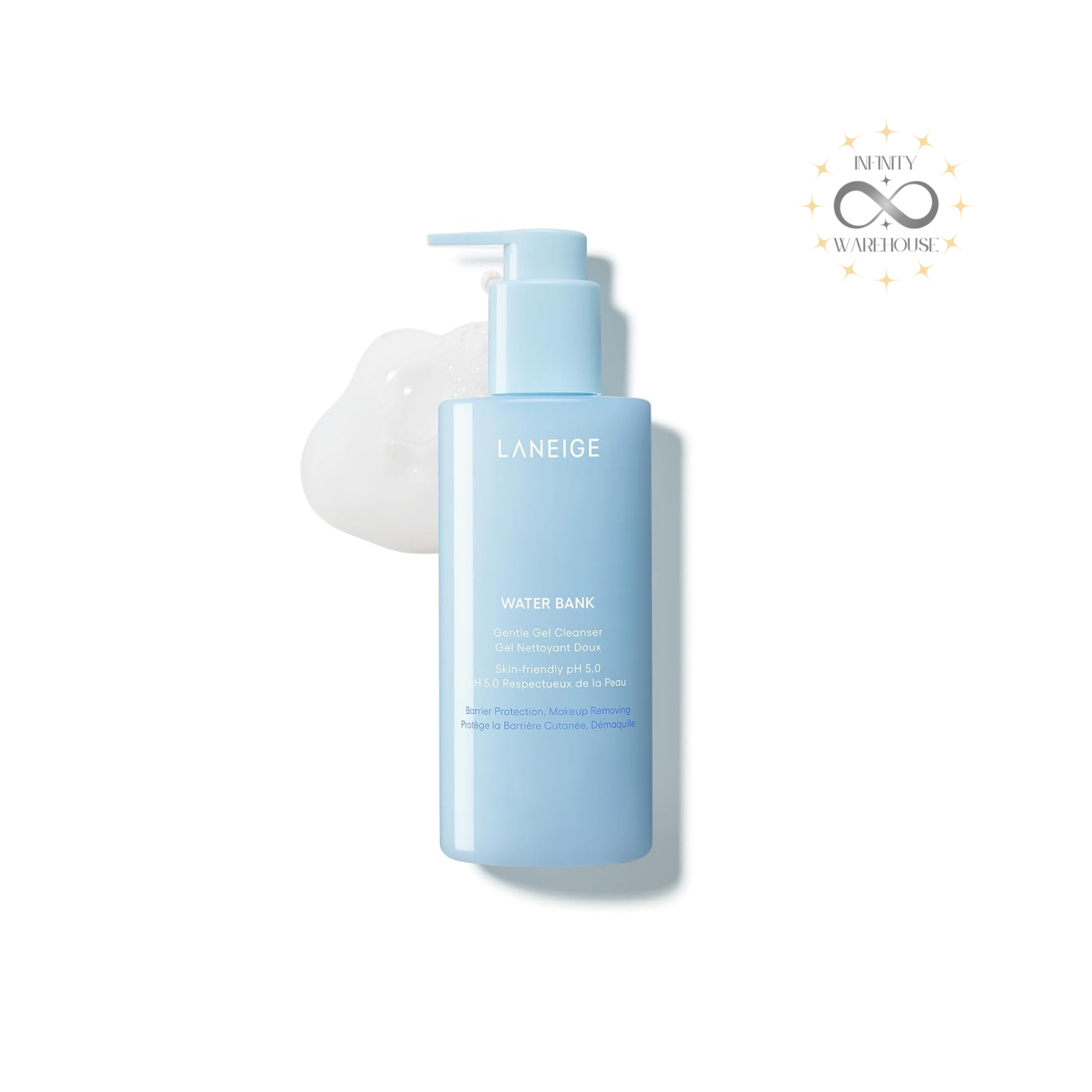 LANEIGE Water Bank Gentle Gel Cleanser 250ml with pH 5.0 formula, blue hyaluronic acid, allantoin, amino acid complex and gel-to-foam texture for gentle makeup removal, hydration and sensitive skin cleansing
